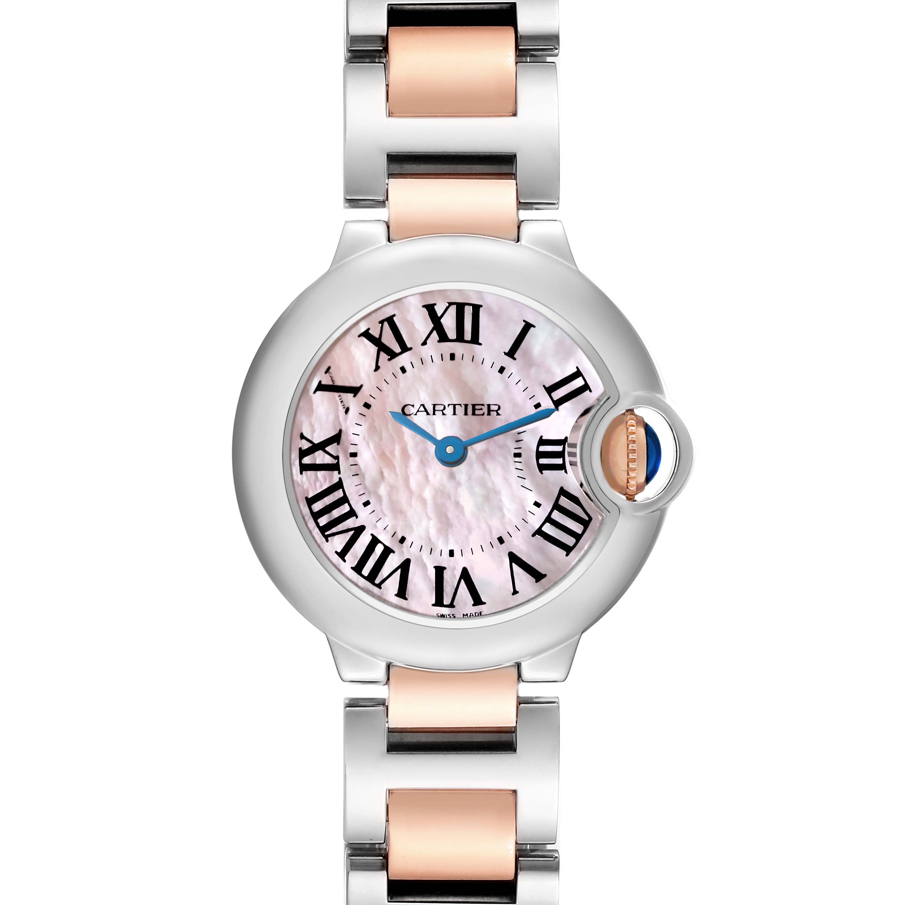 The Ballon Bleu model by Cartier watch is shown from a front angle, highlighting the round face, Roman numerals, and metal strap.