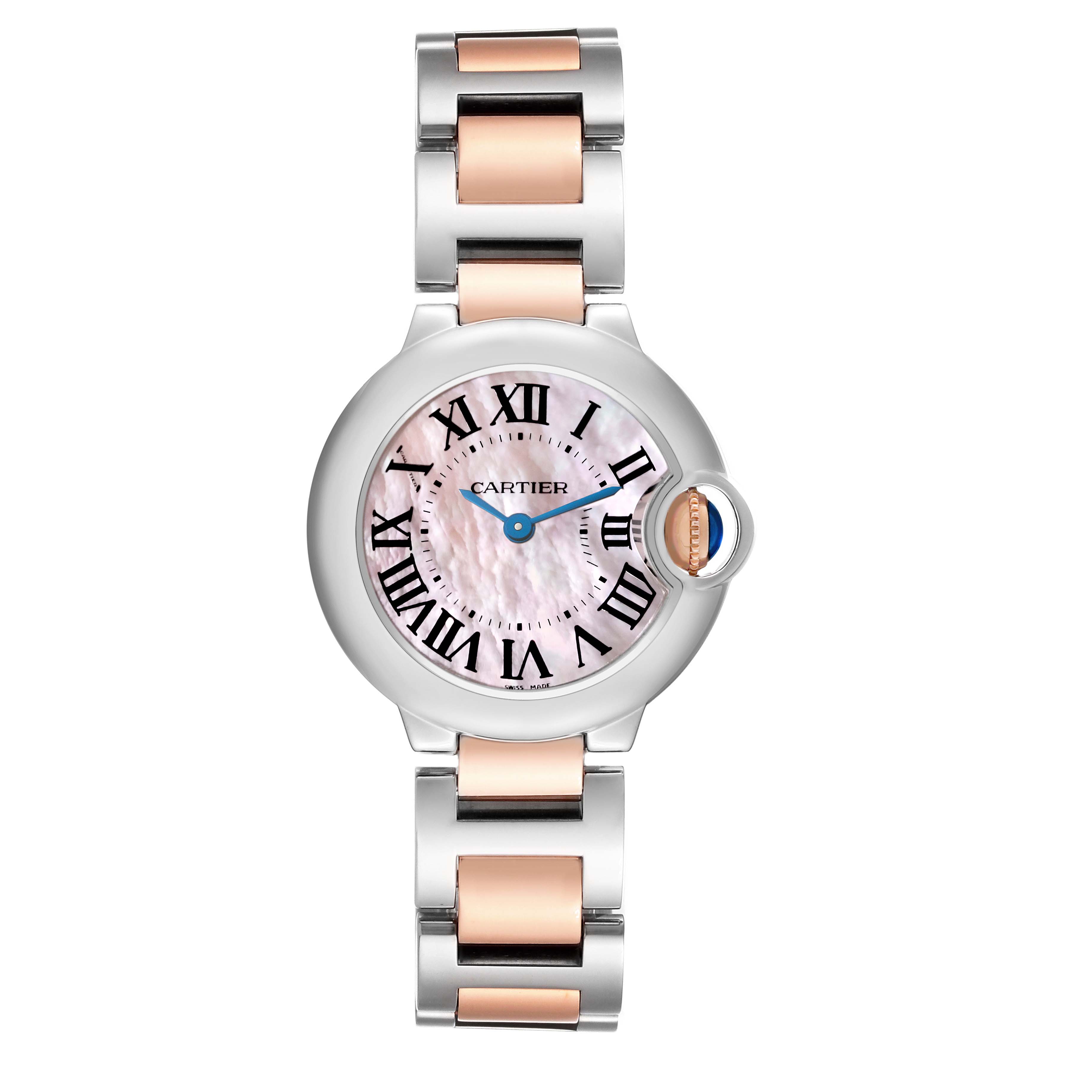 This is a front view of the Cartier Ballon Bleu W6920034 Women's Steel and Gold (two tone) Mother of Pearl Dial W6920034 Women's Steel and Gold (two tone) Mother of Pearl Dial watch, showing its face, bezel, and two-tone bracelet.