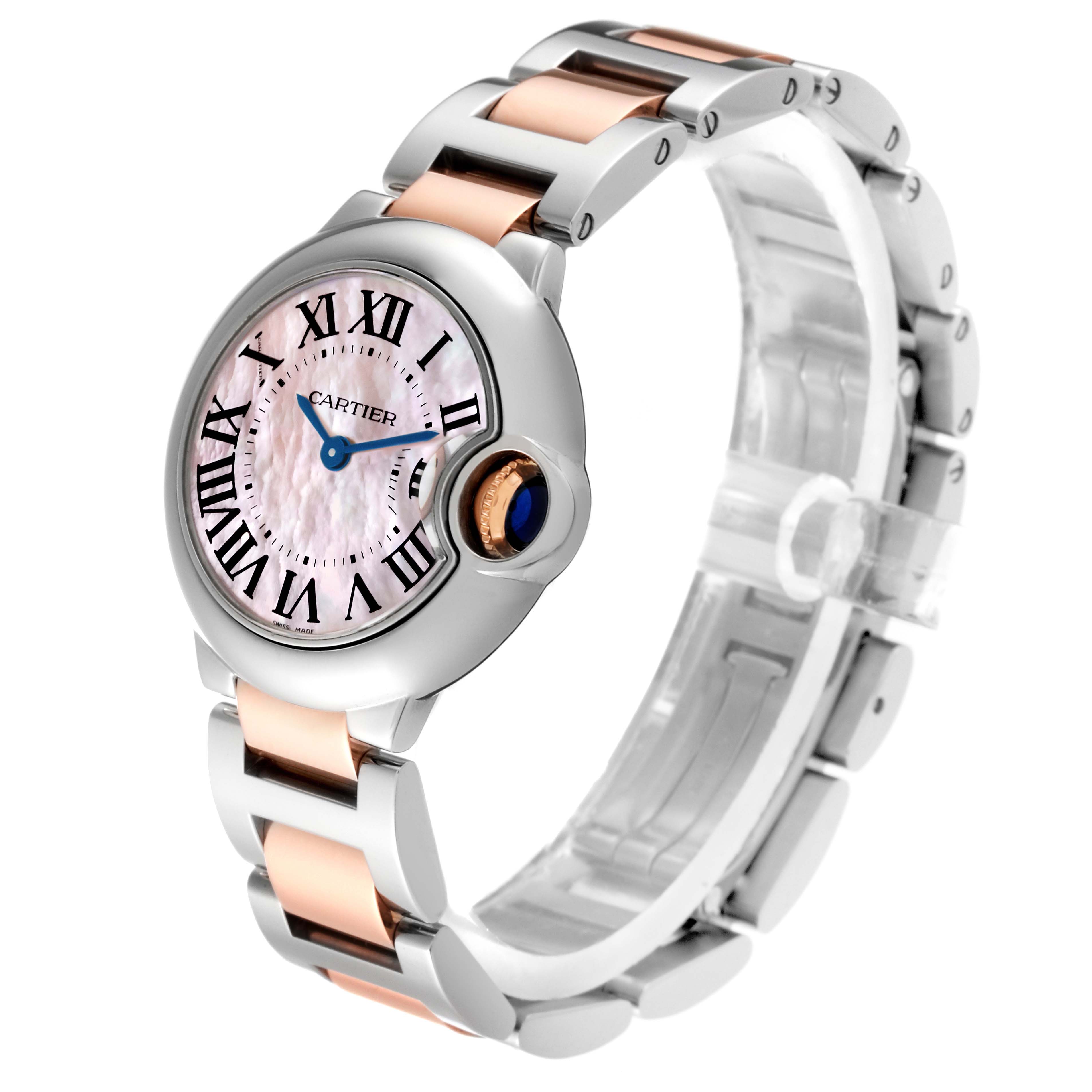 The image shows a Cartier Ballon Bleu W6920034 Women's Steel and Gold (two tone) Mother of Pearl Dial W6920034 Women's Steel and Gold (two tone) Mother of Pearl Dial watch at a three-quarter angle, highlighting its face, crown, and two-tone metal bracelet.