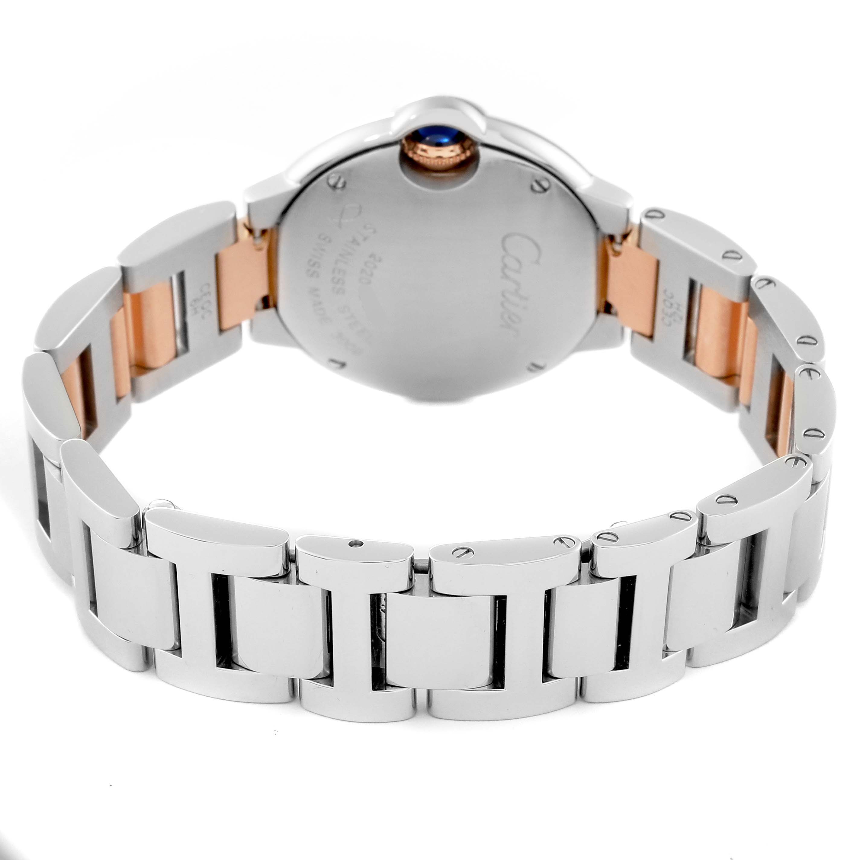 The image shows the back case and bracelet of a Cartier Ballon Bleu W6920034 Women's Steel and Gold (two tone) Mother of Pearl Dial W6920034 Women's Steel and Gold (two tone) Mother of Pearl Dial watch with its crown and links visible.