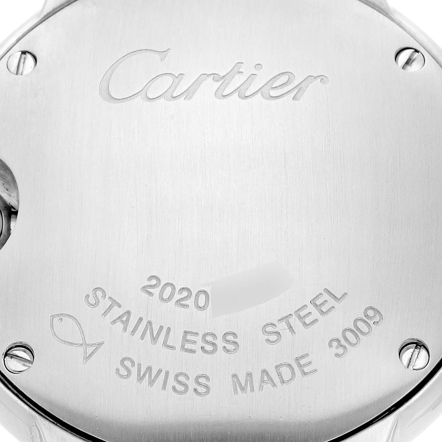 This image shows the back of the case for the Ballon Bleu by Cartier, displaying engravings and screws.