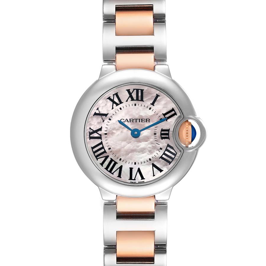 The Cartier Ballon Bleu W6920034 Women's Steel and Gold (two tone) Mother of Pearl Dial watch is shown from a frontal angle, displaying the face, Roman numerals, and bracelet.