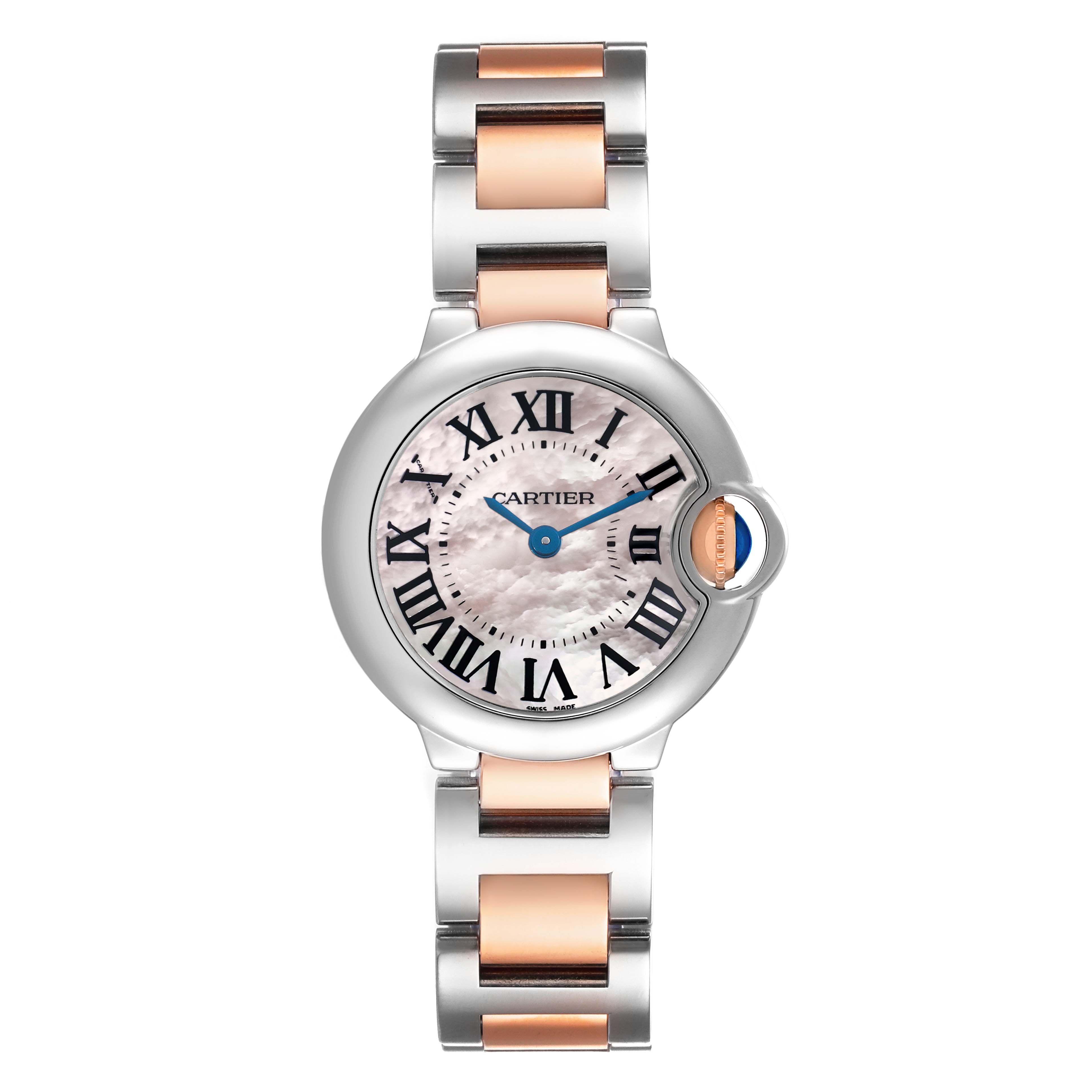 The Cartier Ballon Bleu W6920034 Women's Steel and Gold (two tone) Mother of Pearl Dial watch is shown from a top view, highlighting its face, Roman numerals, and two-tone bracelet.