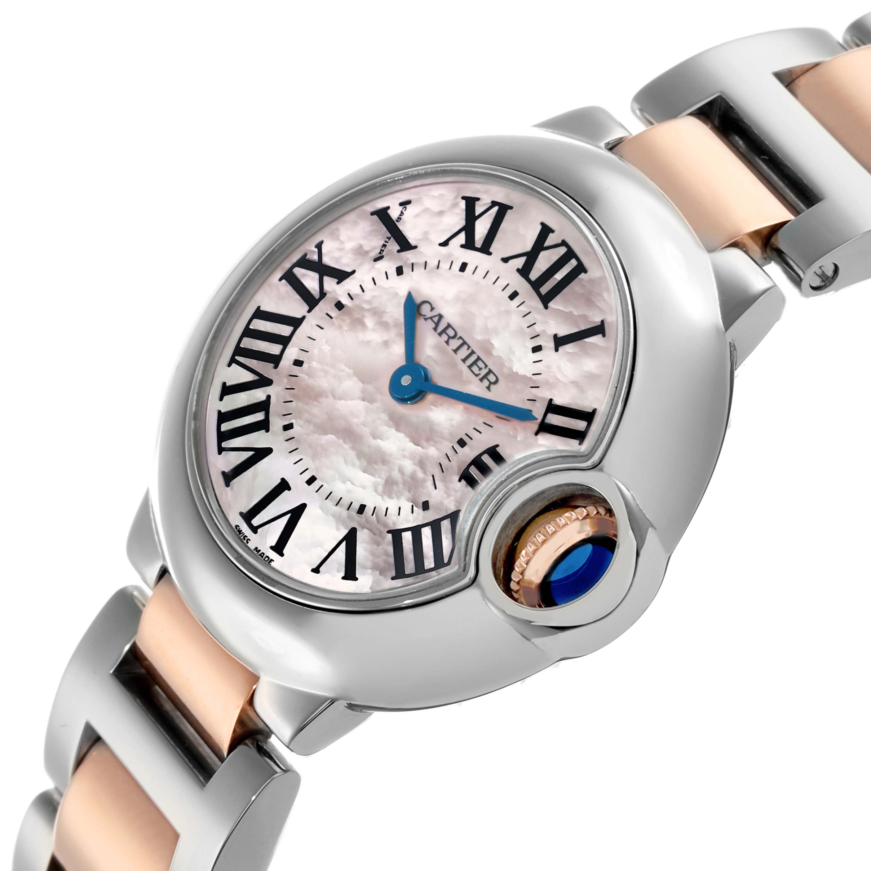 The Cartier Ballon Bleu W6920034 Women's Steel and Gold (two tone) Mother of Pearl Dial watch is shown at a three-quarter angle, displaying the face, crown, and part of the bracelet.