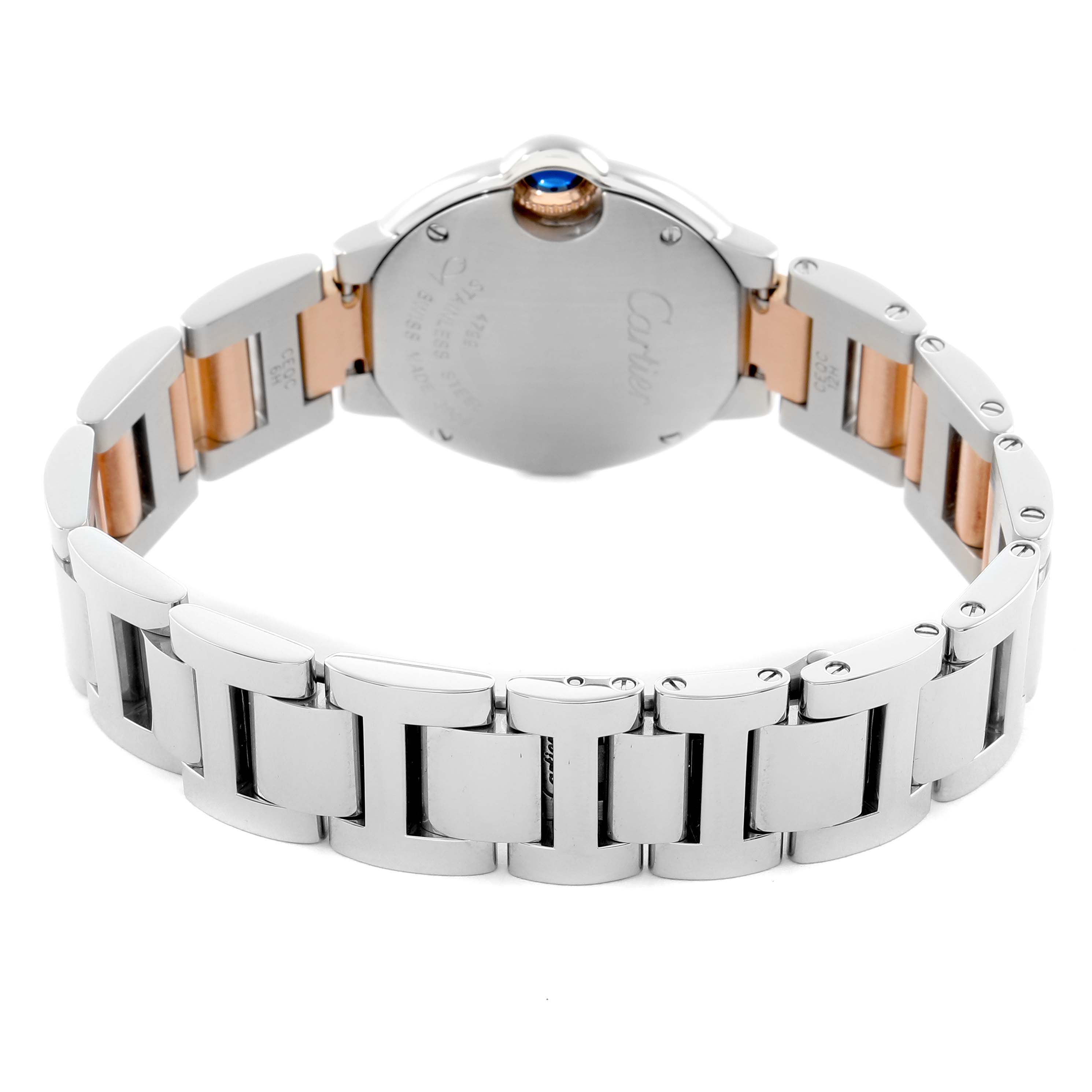 The image shows the back view of the Cartier Ballon Bleu W6920034 Women's Steel and Gold (two tone) Mother of Pearl Dial watch, highlighting its bracelet and case back.