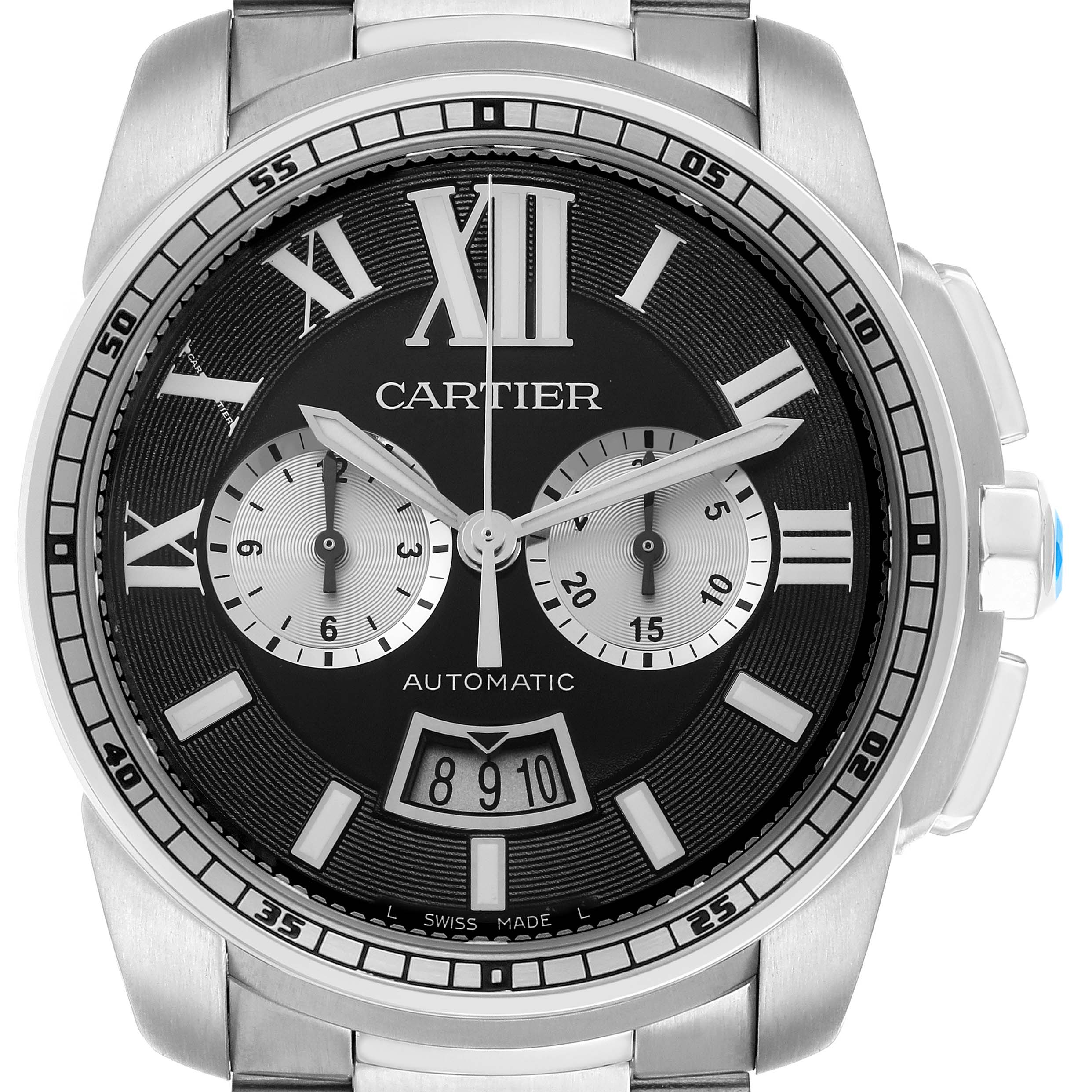 The image shows a front view of the Calibre de Cartier watch by Cartier, highlighting the dial, subdials, and date window.