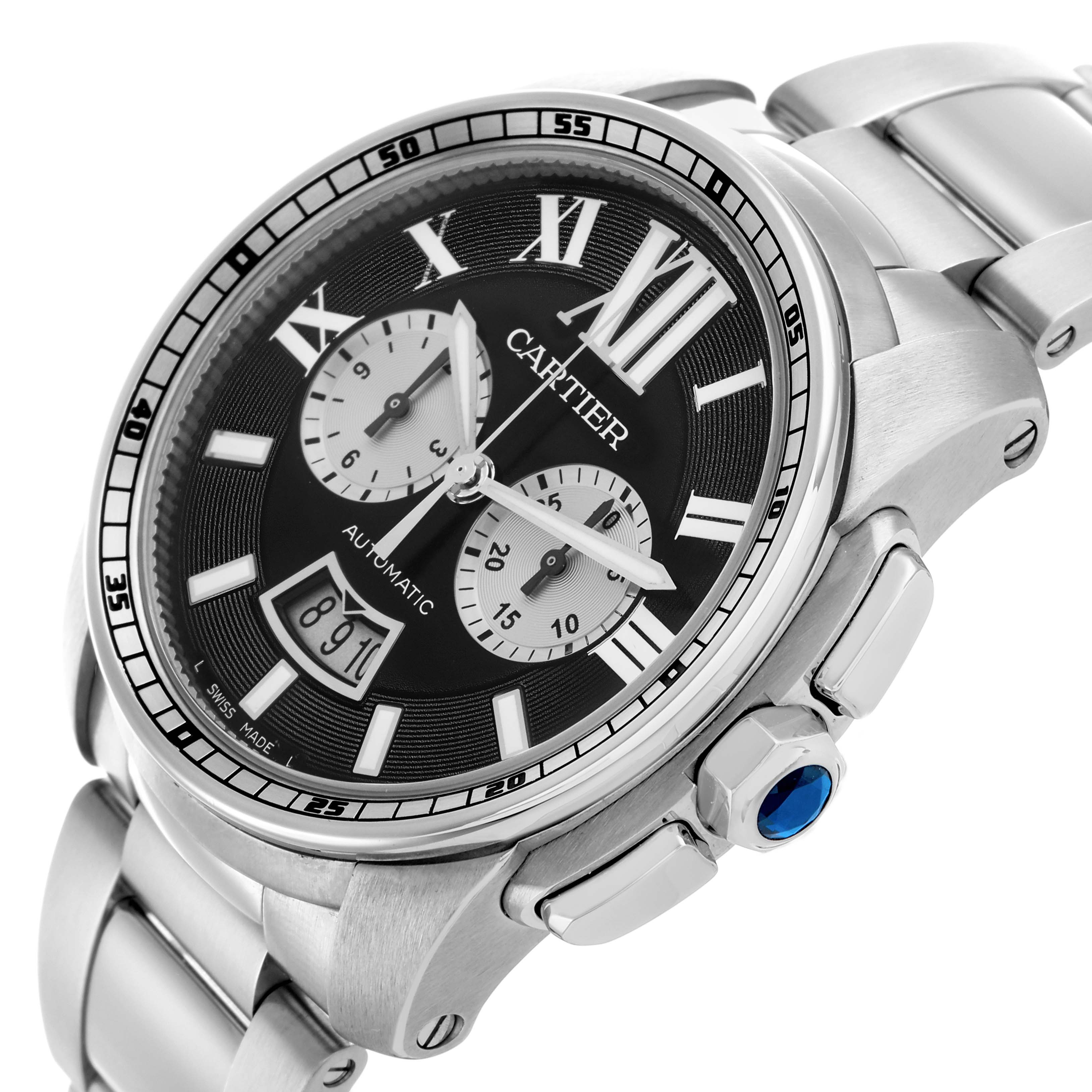 The Calibre de Cartier watch is shown from a top-side angle, highlighting the dial, subdials, bezel, crown, and bracelet.