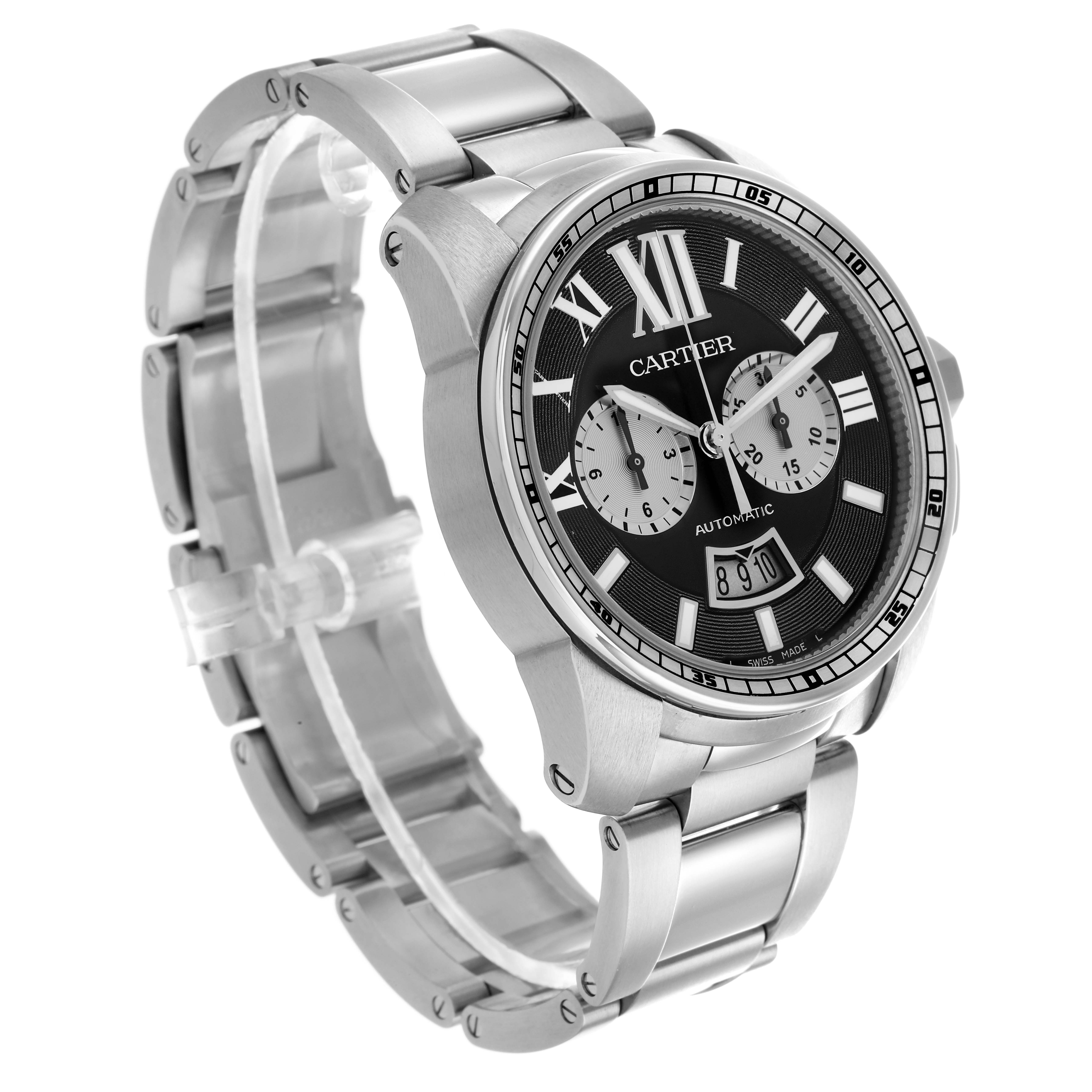 The Calibre de Cartier watch is shown at a three-quarter angle, highlighting the dial, bezel, and stainless steel bracelet.