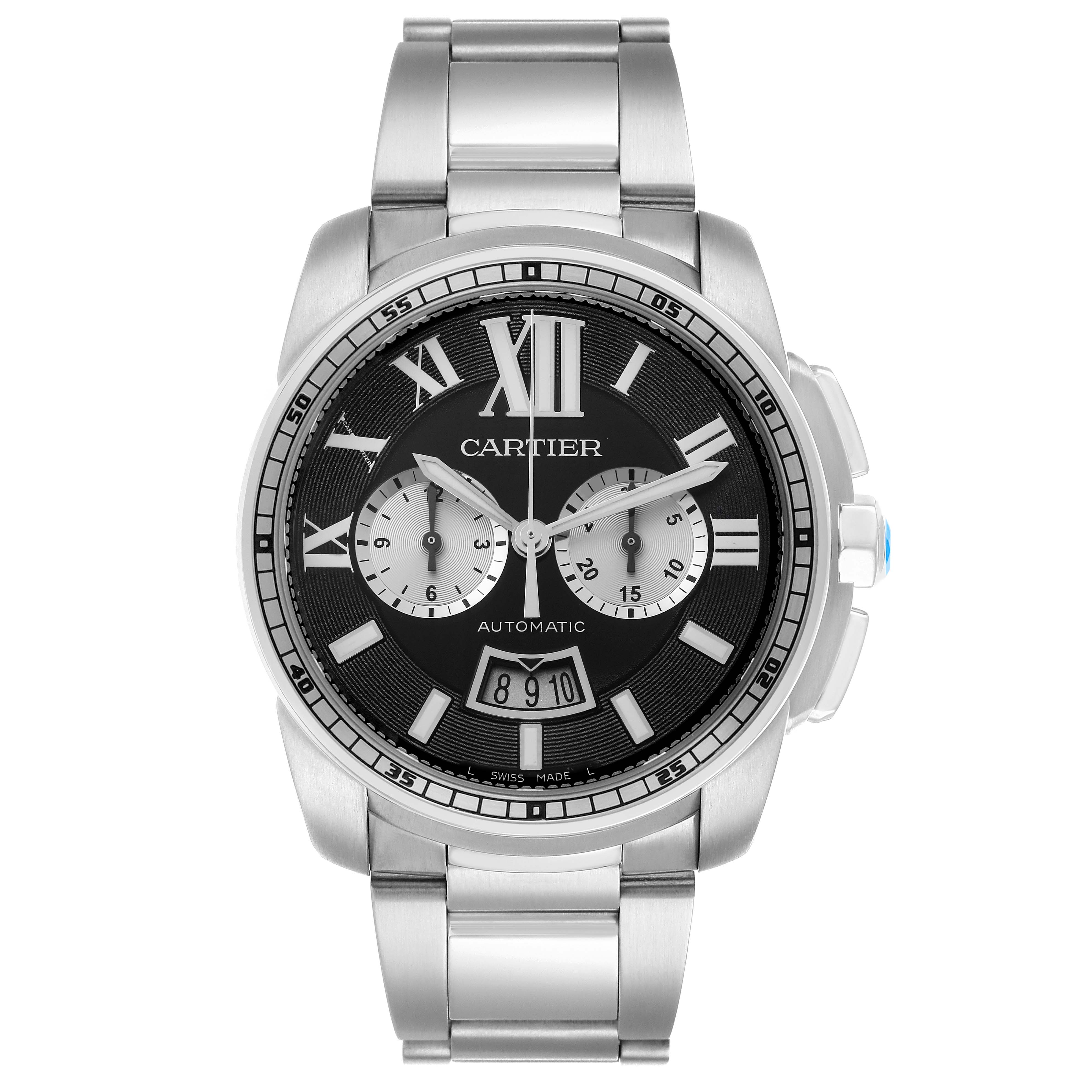 The Calibre de Cartier watch is shown from a front angle, displaying the face, bezel, and bracelet.