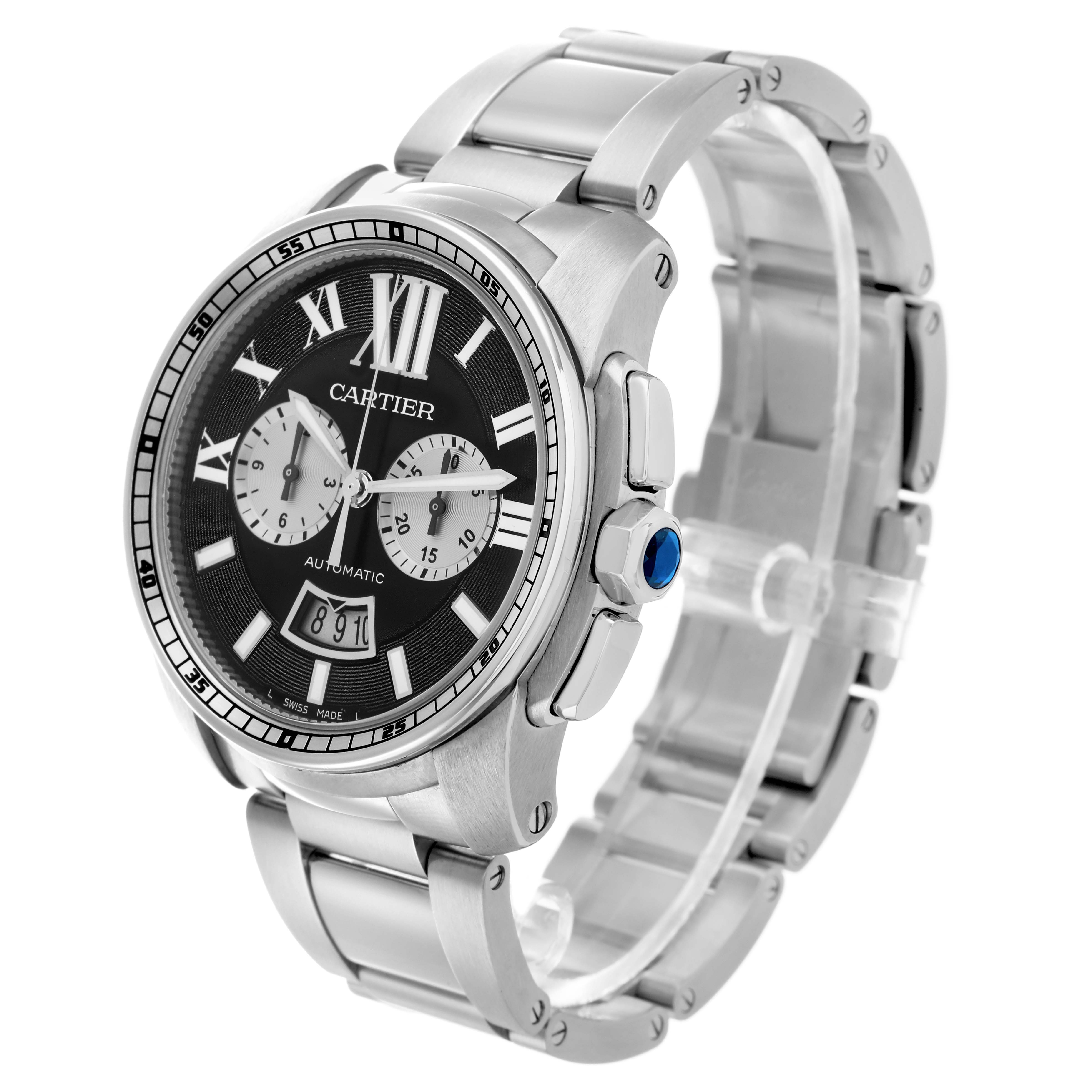 The Calibre de Cartier watch by Cartier is shown at an oblique angle, highlighting its face, crown, and stainless steel bracelet.