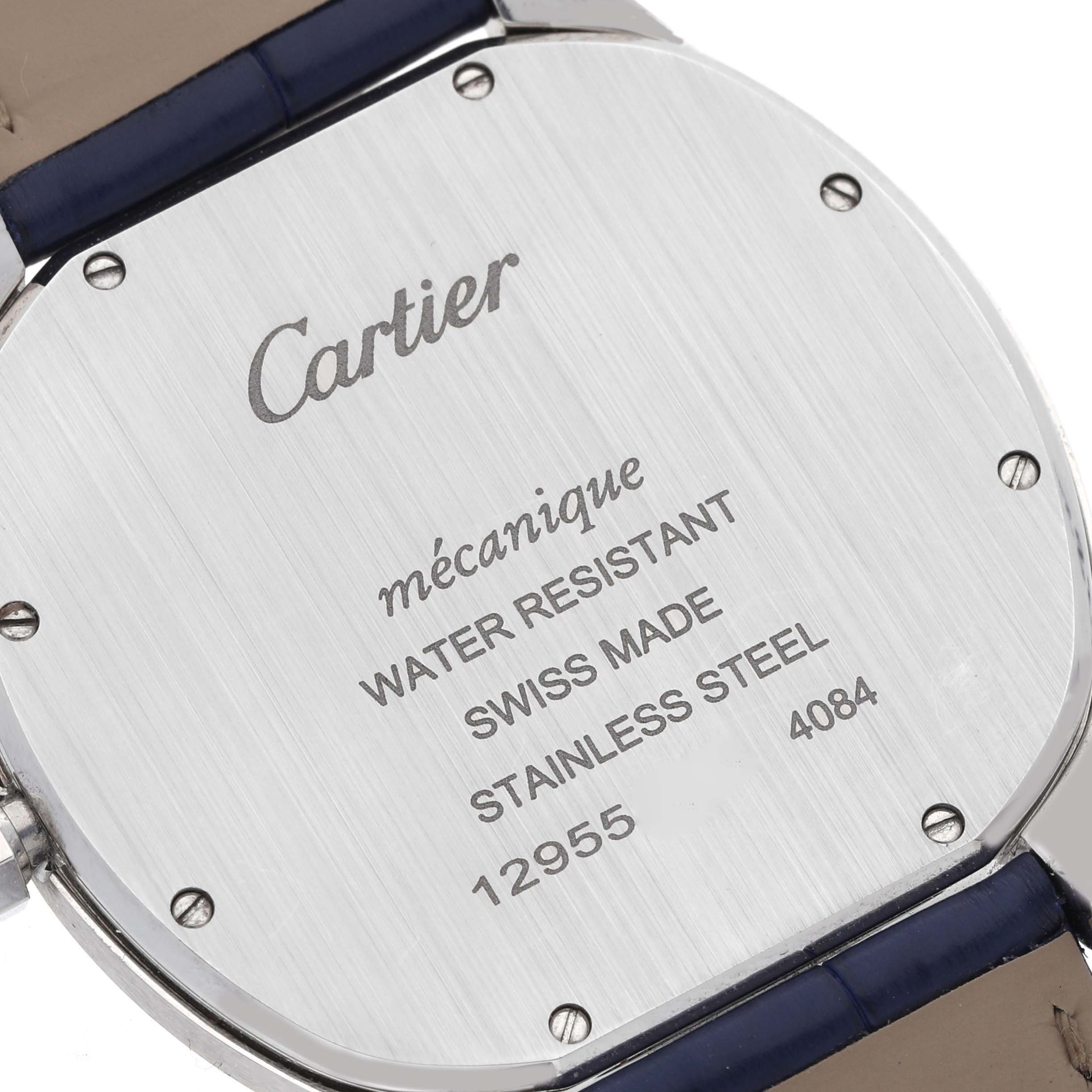 The image shows the back case of the Drive de Cartier watch, displaying its brand, material, and specifications.
