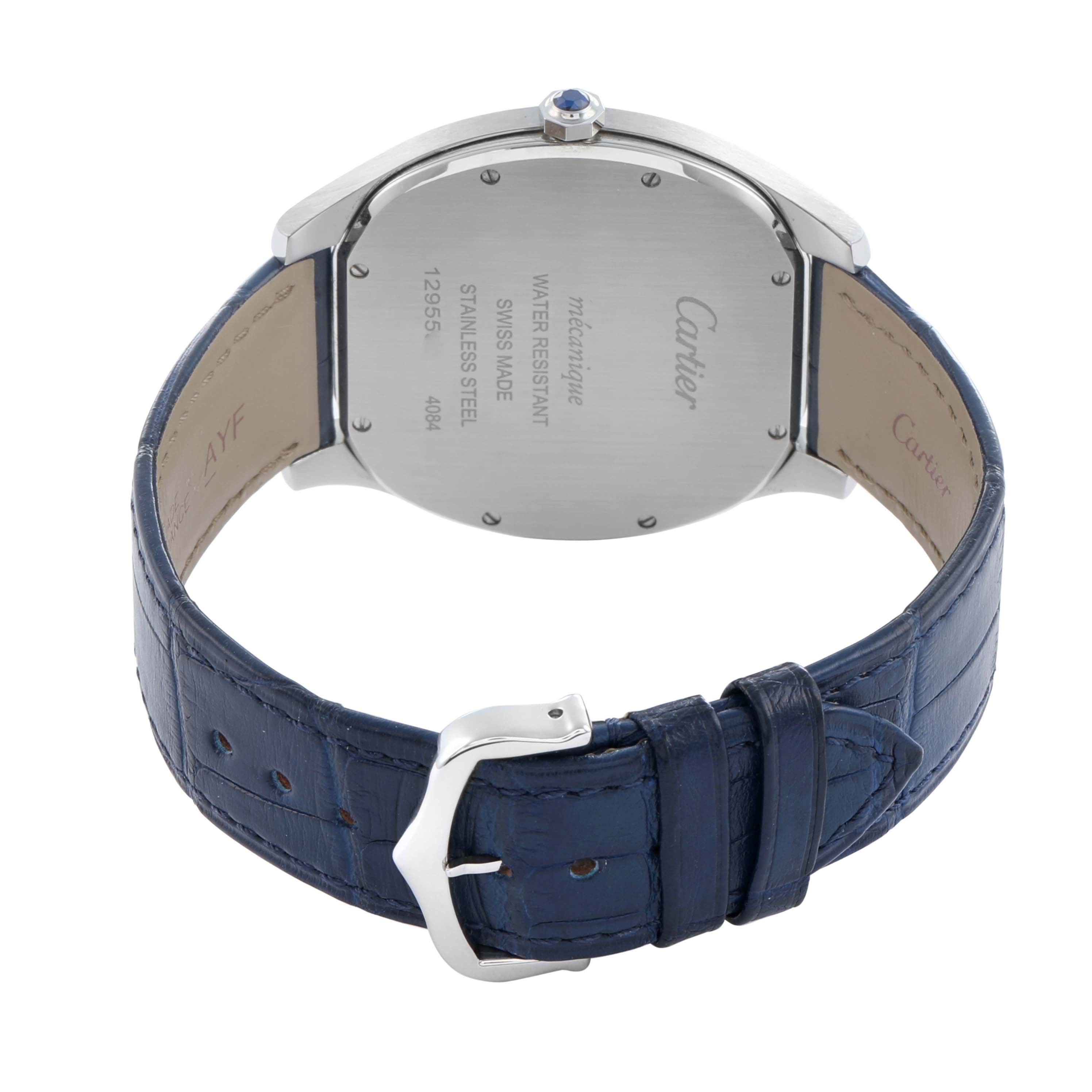 The image shows the back of a Drive de Cartier watch by Cartier, highlighting the case back and blue leather strap.