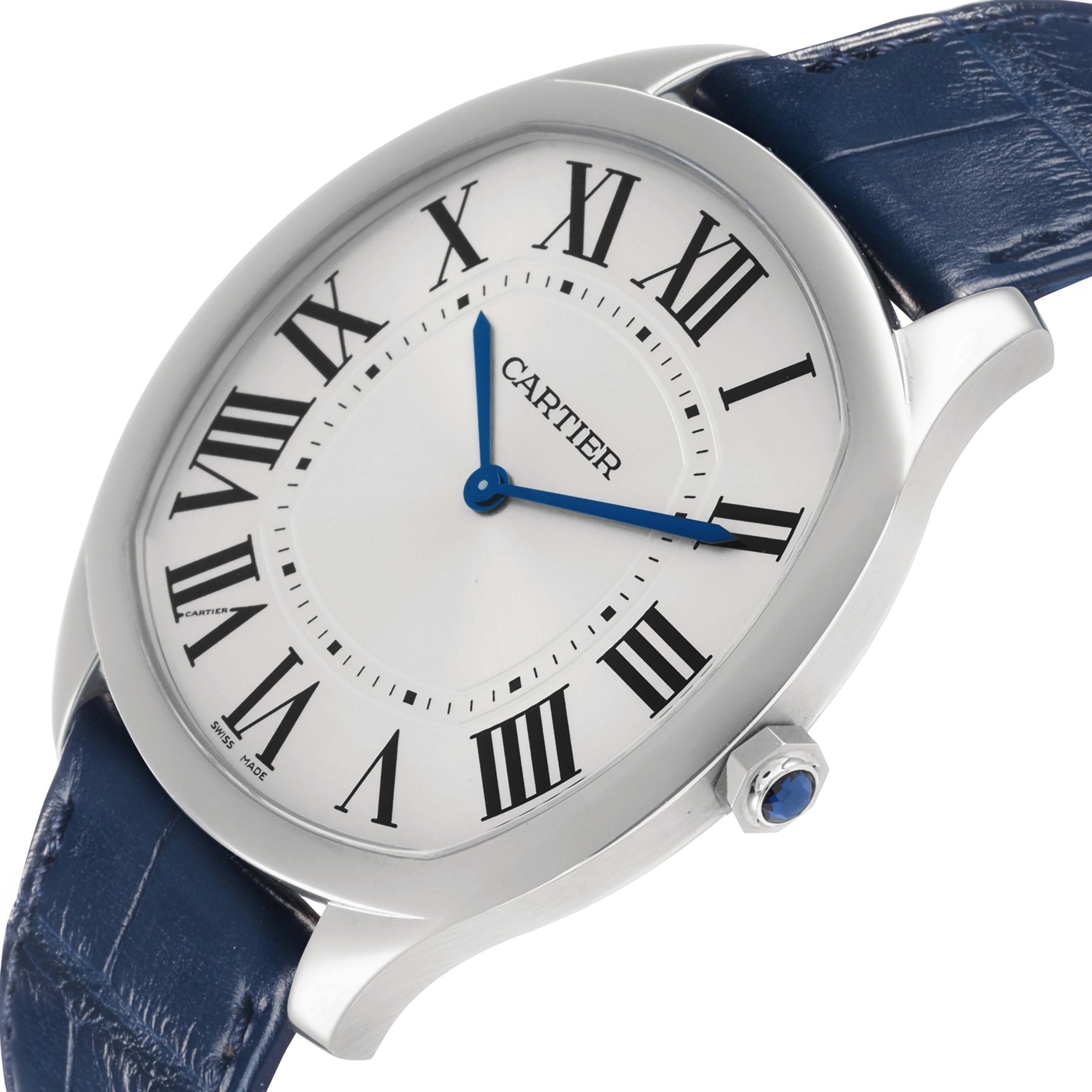 The Drive de Cartier watch is shown at an oblique angle, highlighting its dial, Roman numerals, blue hands, and crown.
