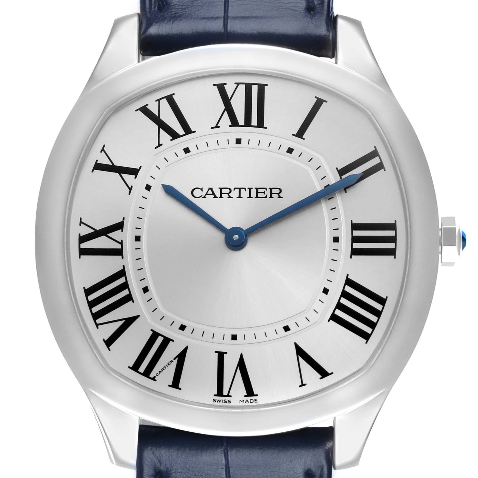 The Drive de Cartier watch by Cartier is shown from the front, highlighting its dial, Roman numerals, blue hands, and blue leather strap.
