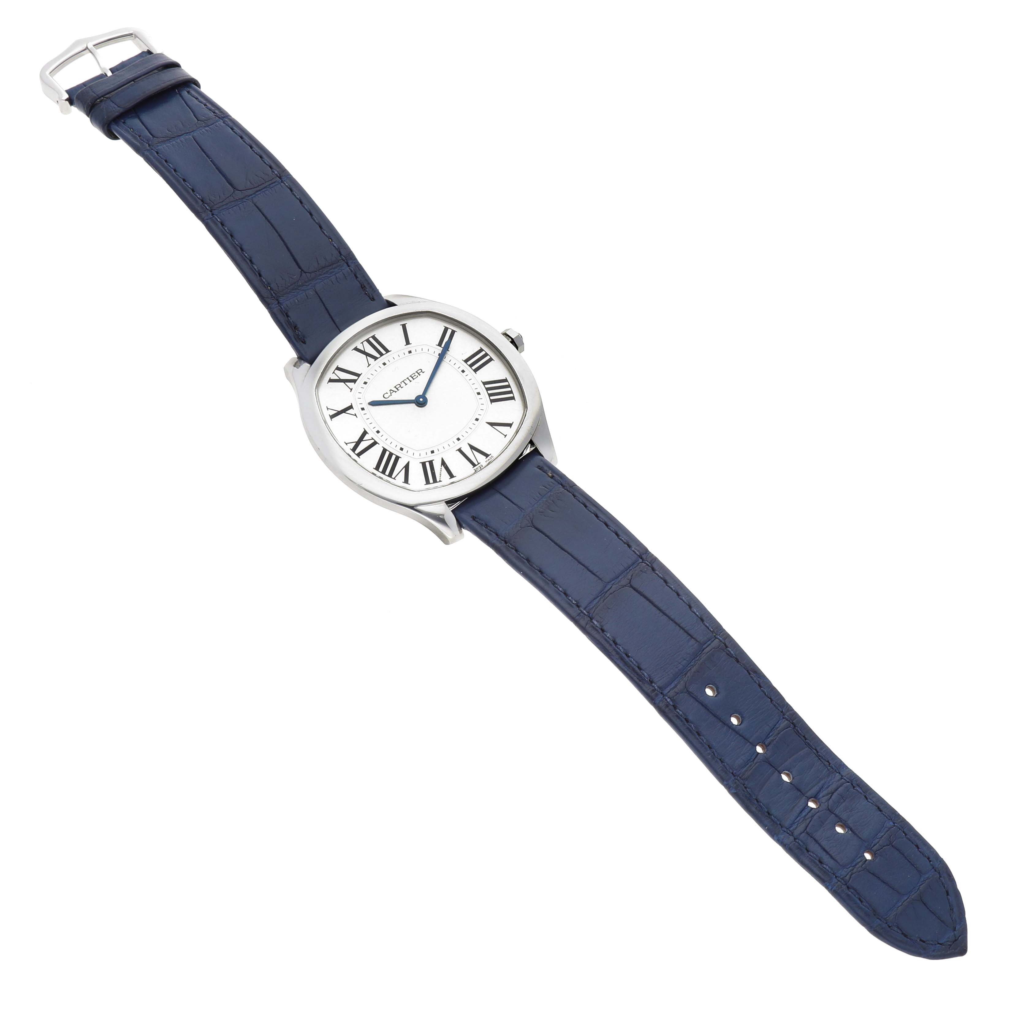 The Drive de Cartier watch by Cartier is shown at an angled top view, displaying the face and blue leather strap.