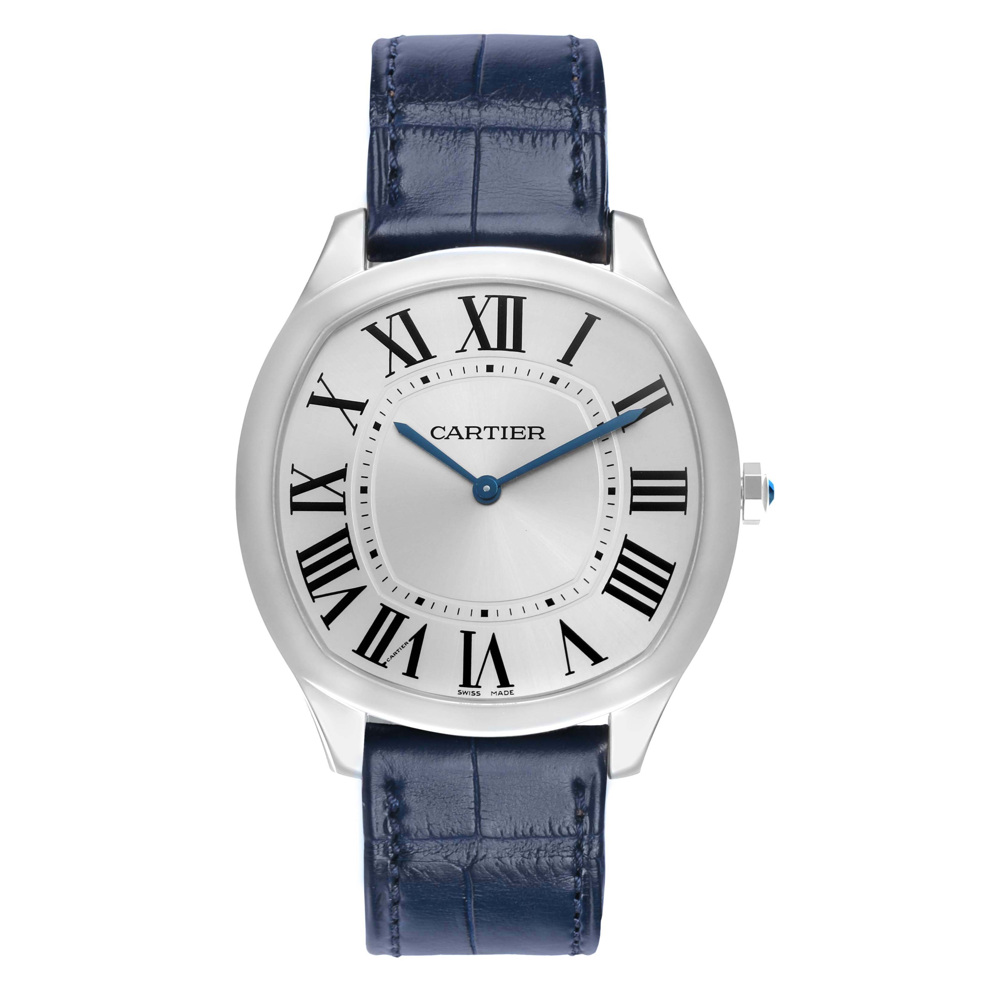 The Drive de Cartier watch is shown from a front angle, displaying its face, Roman numerals, and blue leather strap.
