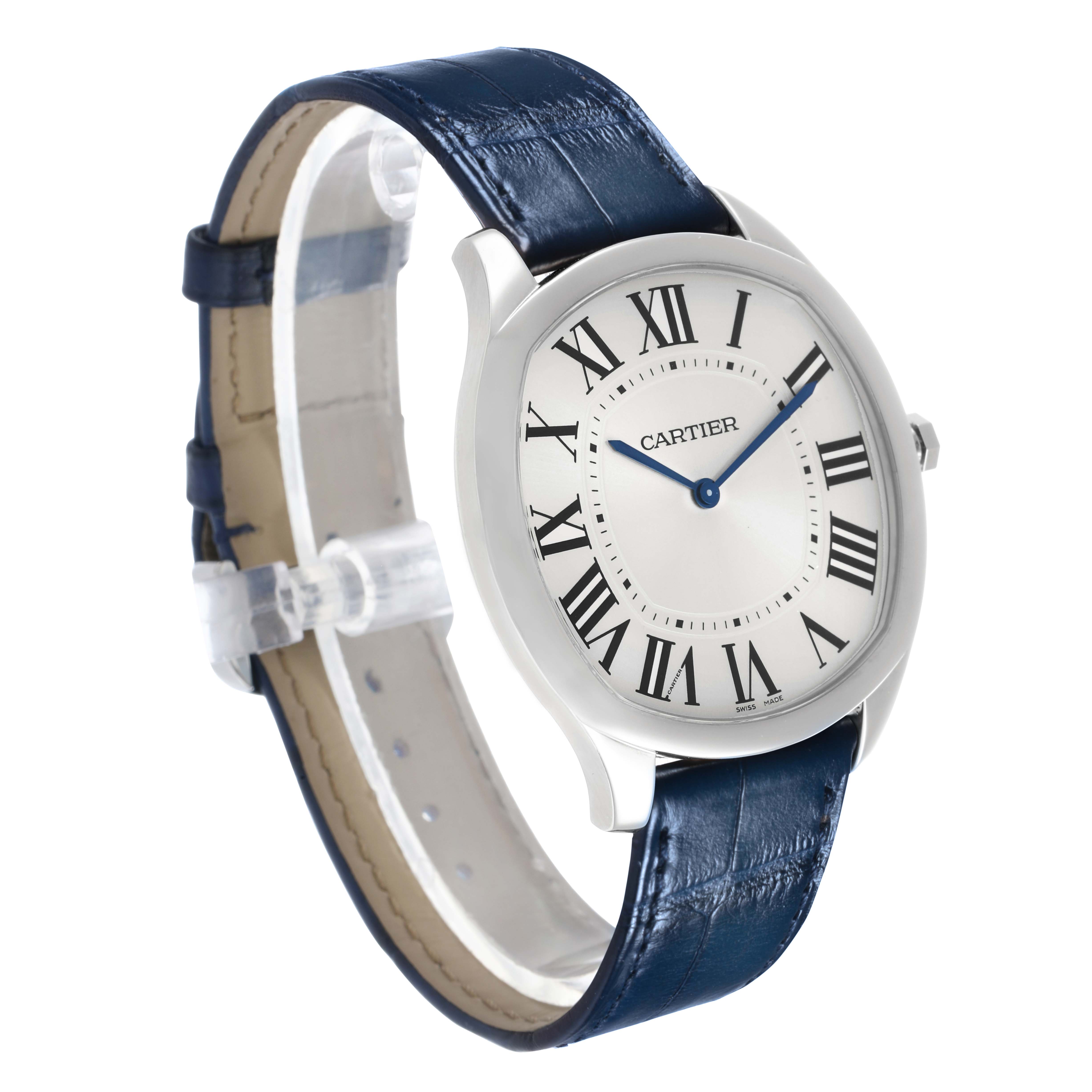 The Drive de Cartier watch by Cartier is shown at an angled side view, displaying the dial, blue strap, and part of the case.