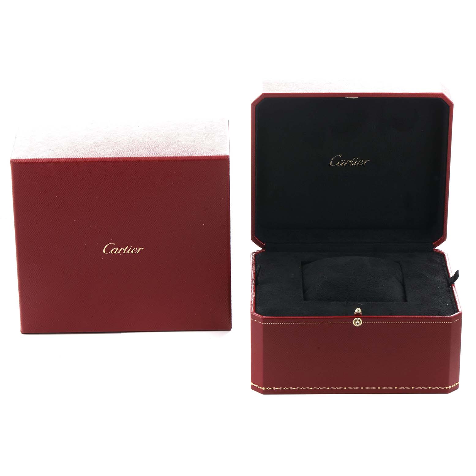 The image shows a Cartier Drive de Cartier WSNM0011 Men's Stainless Steel Silver Dial watch box, open and closed, in red with black interior.