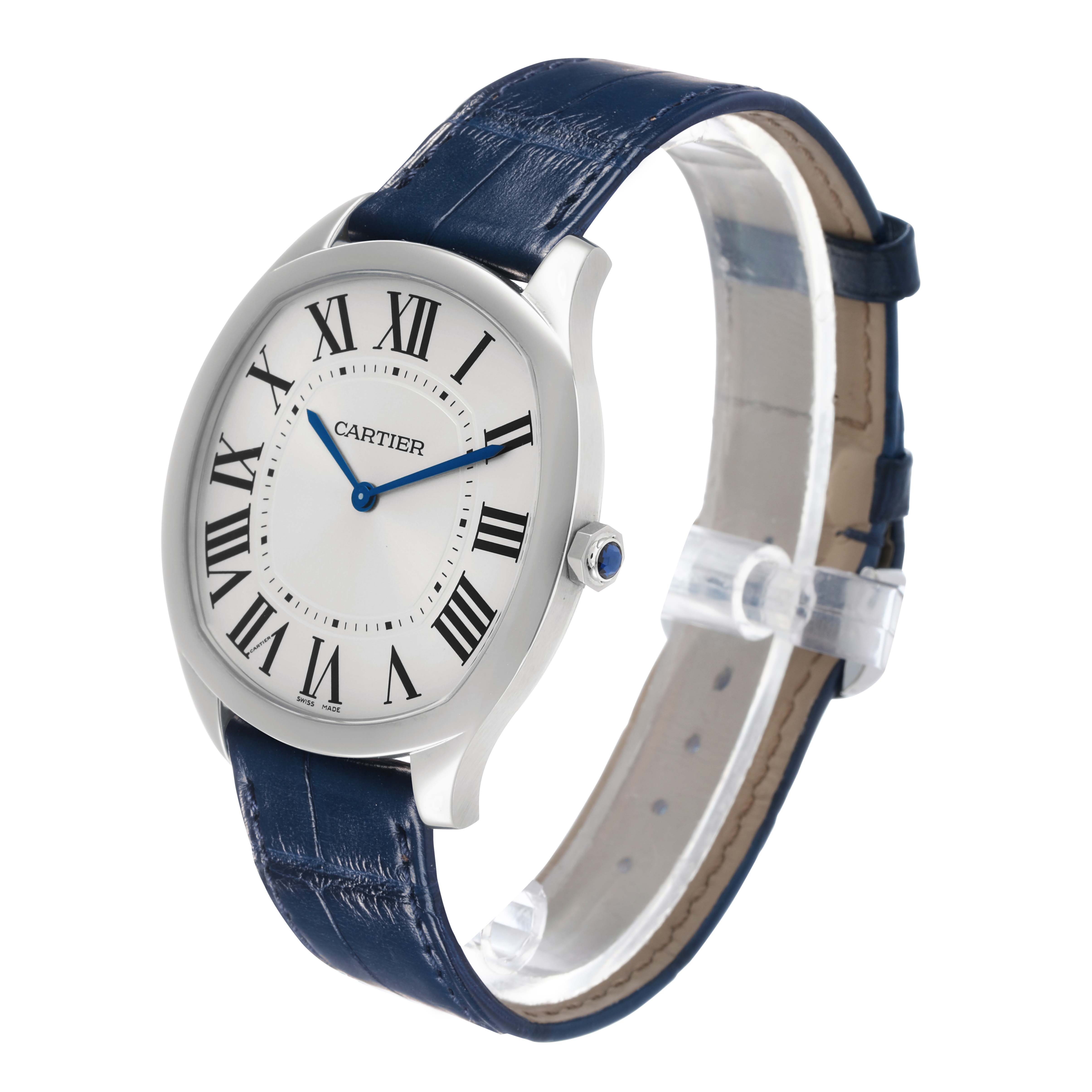 The Drive de Cartier watch is shown at a 3/4 angle, highlighting its dial, Roman numerals, blue hands, and blue leather strap.