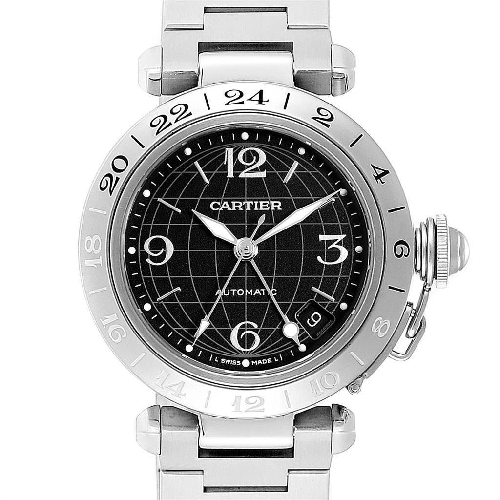 The image shows a front view of a Cartier Pasha W31049M7 Men's Stainless Steel Black Dial W31049M7 Men's Stainless Steel Black Dial watch, highlighting its dial, bezel, crown, and bracelet.