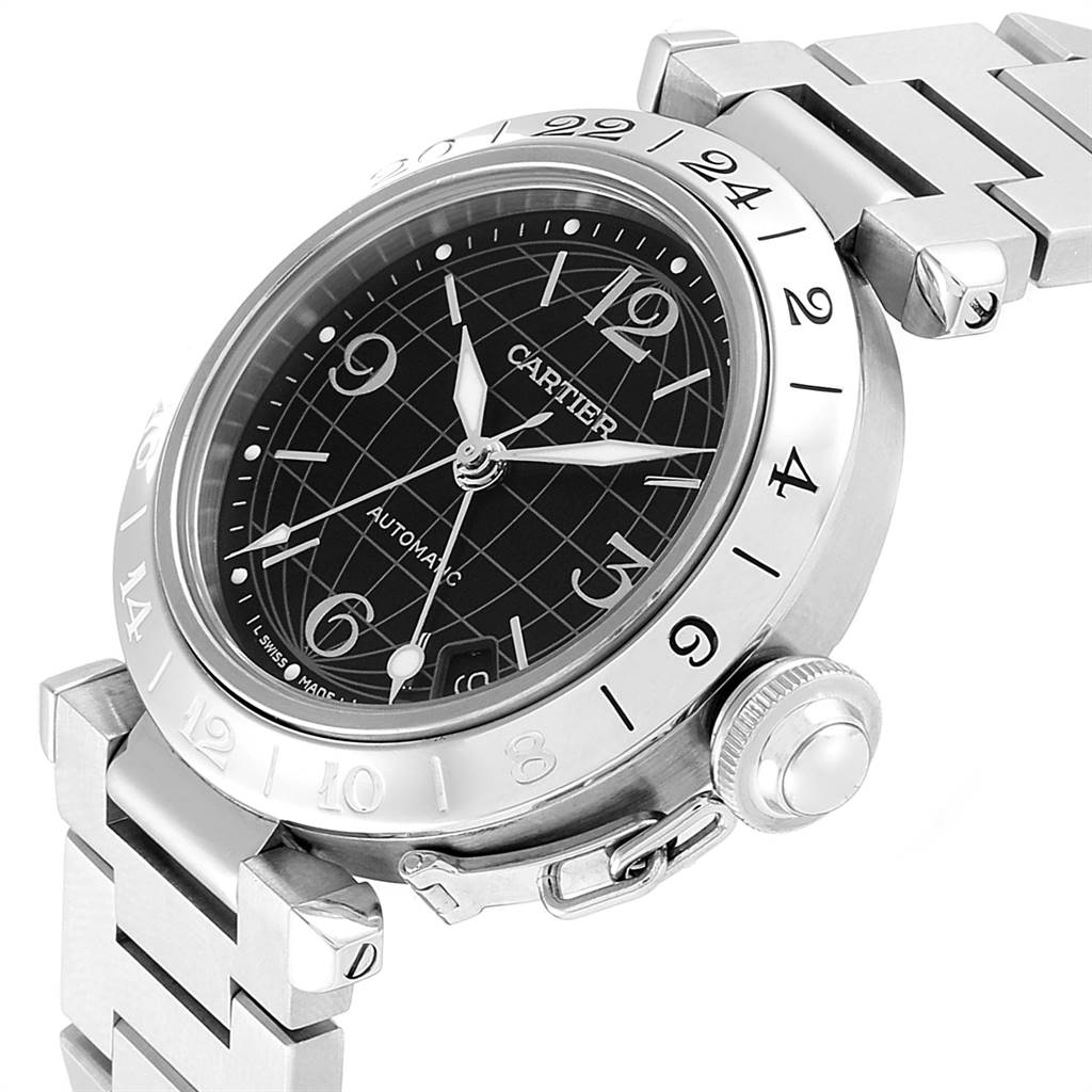 The image displays the face, bezel, and part of the bracelet of a Cartier Pasha W31049M7 Men's Stainless Steel Black Dial W31049M7 Men's Stainless Steel Black Dial watch at an angled view.