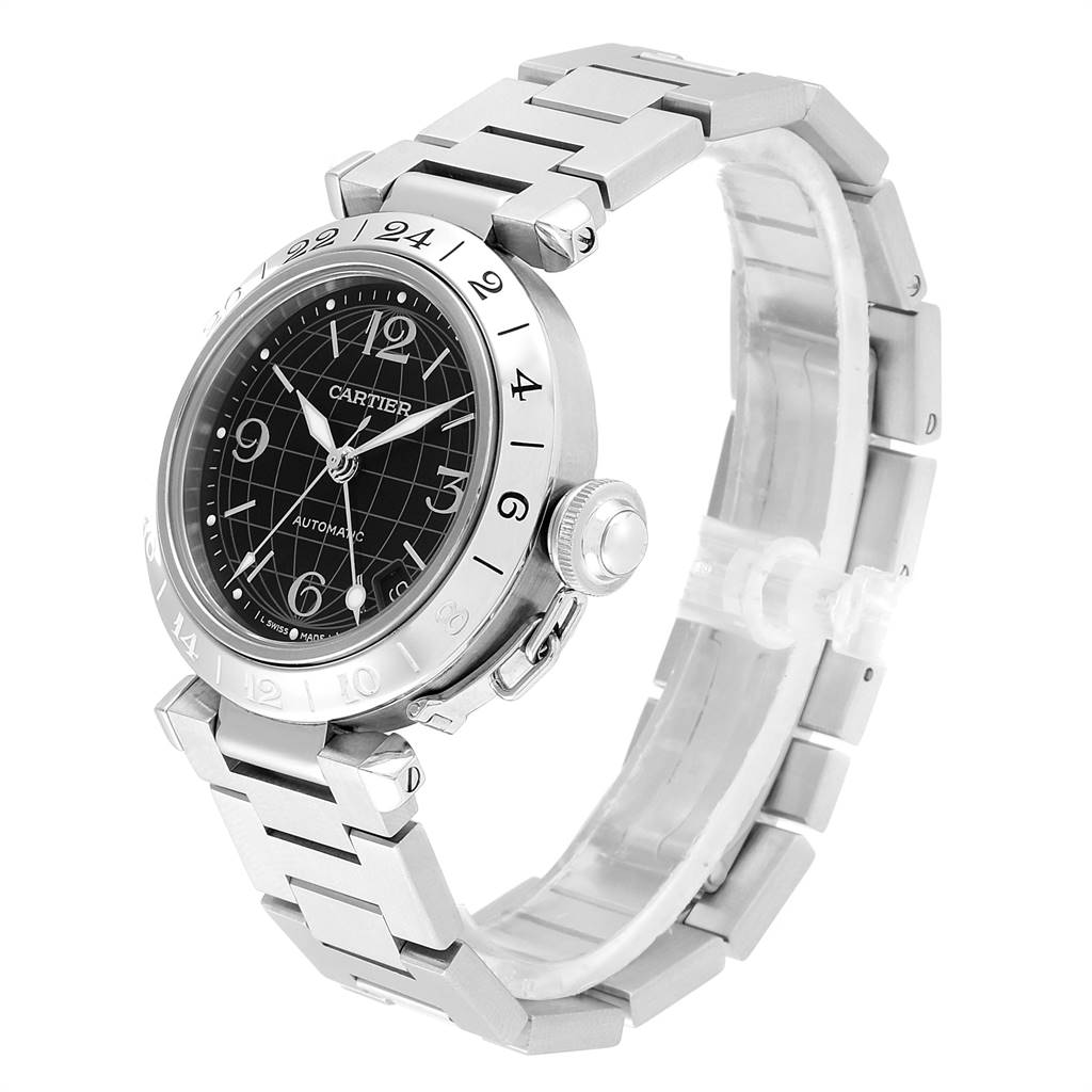 This image shows a Cartier Pasha W31049M7 Men's Stainless Steel Black Dial W31049M7 Men's Stainless Steel Black Dial watch at a three-quarter angle, highlighting the face, bezel, crown, and bracelet.