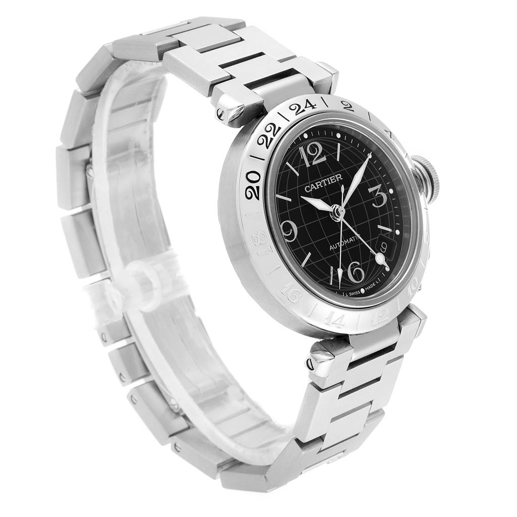 The image shows a Cartier Pasha W31049M7 Men's Stainless Steel Black Dial W31049M7 Men's Stainless Steel Black Dial watch from a front right angle, displaying its dial, bezel, and bracelet.