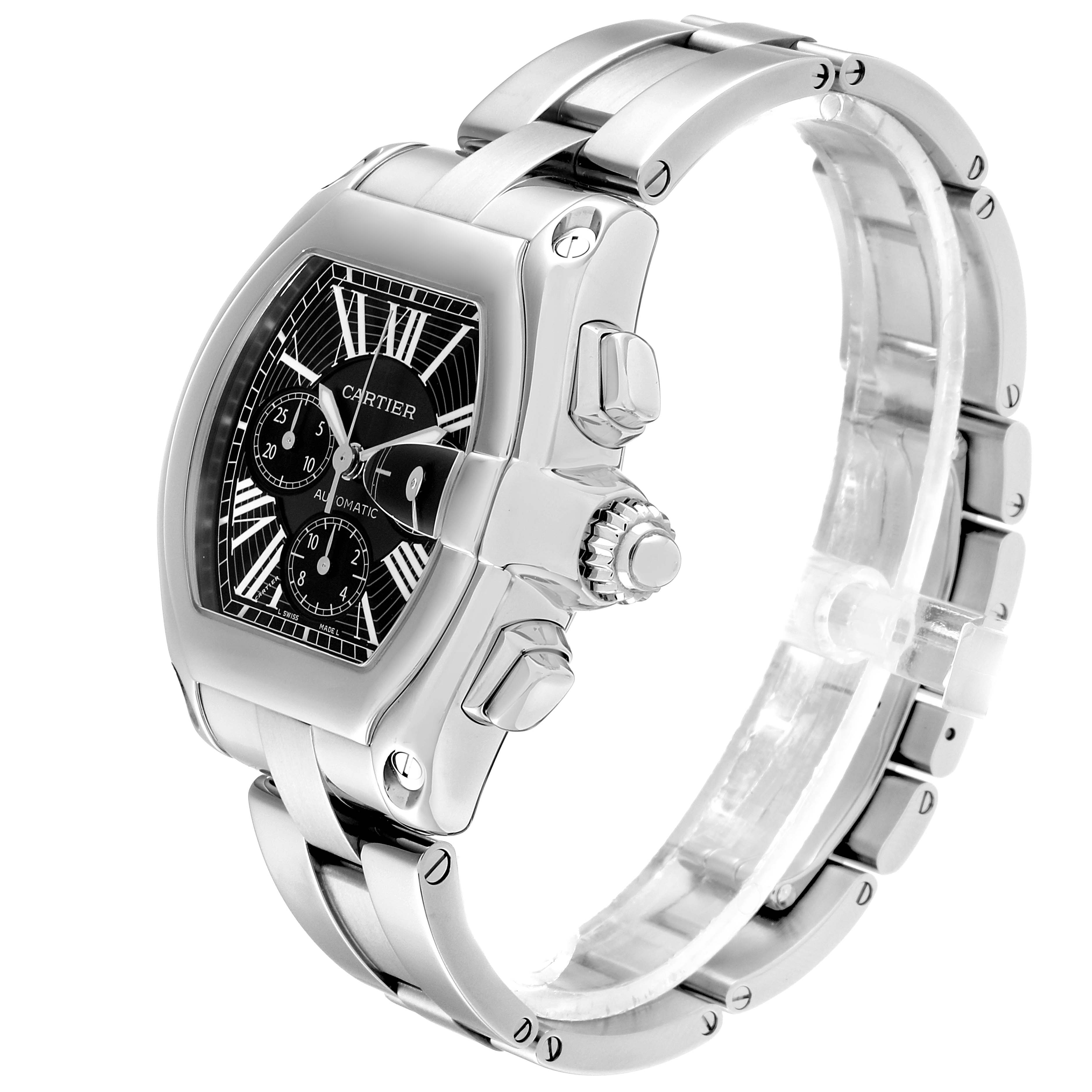 The image shows a side angle of the Cartier Roadster W62020X6 Men's Stainless Steel Black Dial W62020X6 Men's Stainless Steel Black Dial watch, highlighting its stainless-steel case, dial, and bracelet.