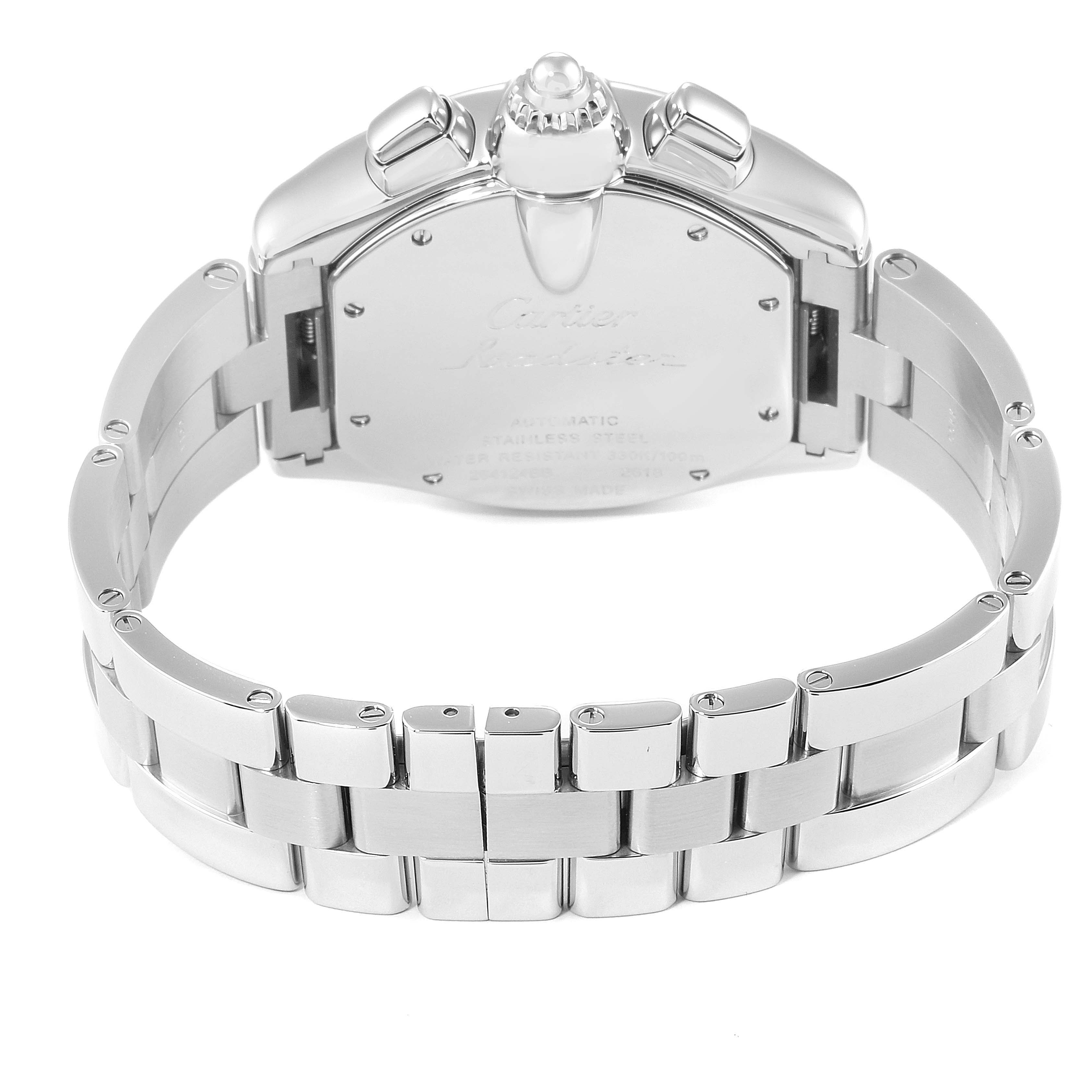 This image shows the back and bracelet of the Cartier Roadster W62020X6 Men's Stainless Steel Black Dial W62020X6 Men's Stainless Steel Black Dial watch, highlighting its stainless steel case and clasp.