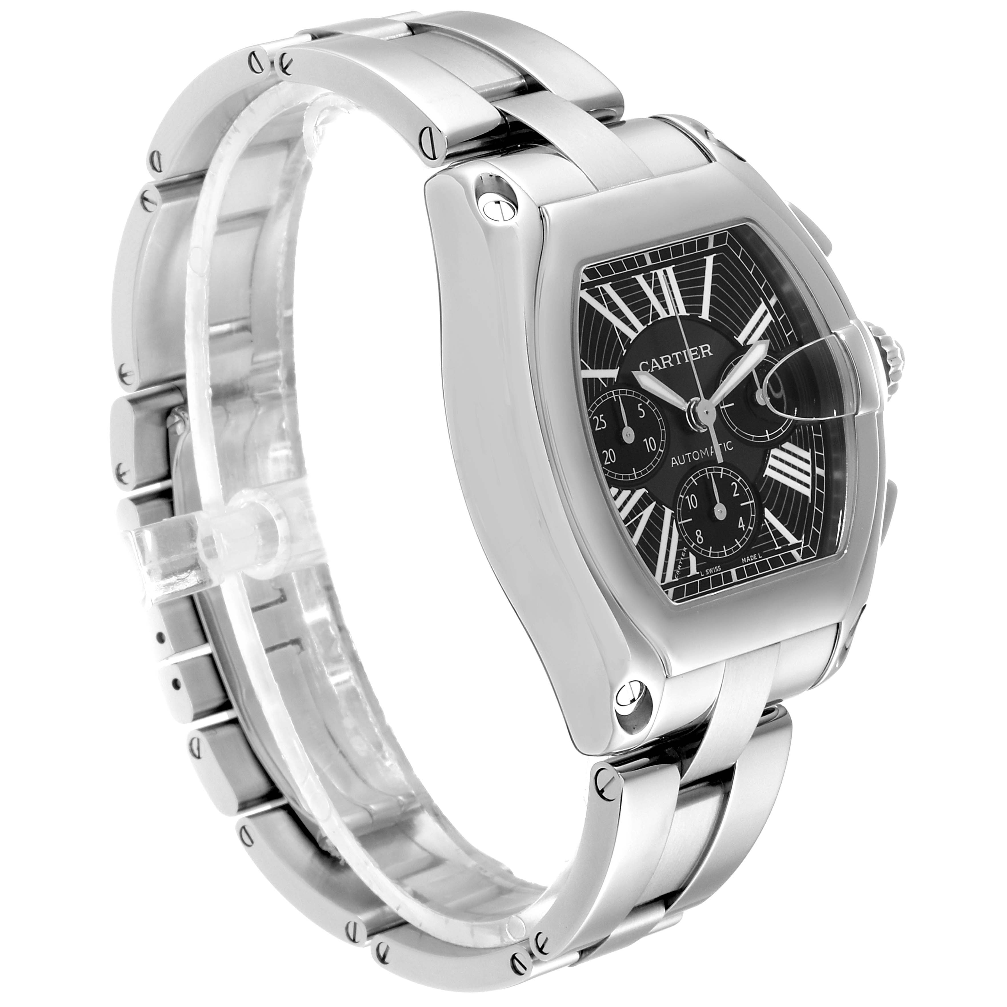 This image shows a Cartier Roadster W62020X6 Men's Stainless Steel Black Dial W62020X6 Men's Stainless Steel Black Dial watch angled to display its face, crown, bracelet, and part of the clasp.