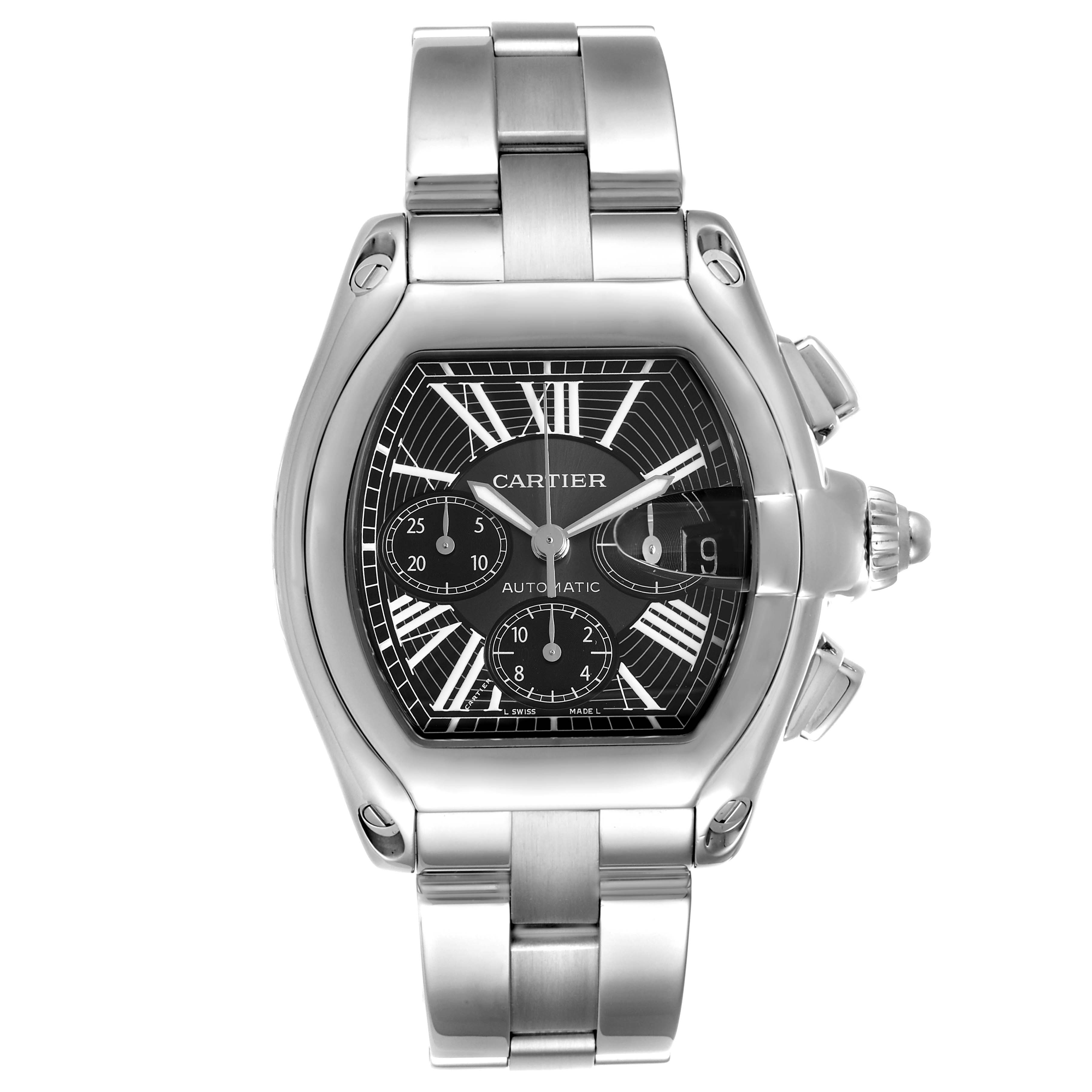 The Cartier Roadster W62020X6 Men's Stainless Steel Black Dial W62020X6 Men's Stainless Steel Black Dial watch is shown from a front angle, displaying its dial, case, and stainless steel bracelet.