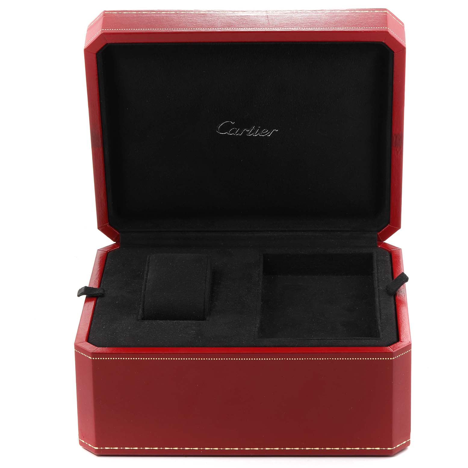 This image shows an open watch box for the Cartier Roadster W62020X6 Men's Stainless Steel Black Dial W62020X6 Men's Stainless Steel Black Dial model, featuring a red exterior and a black interior.