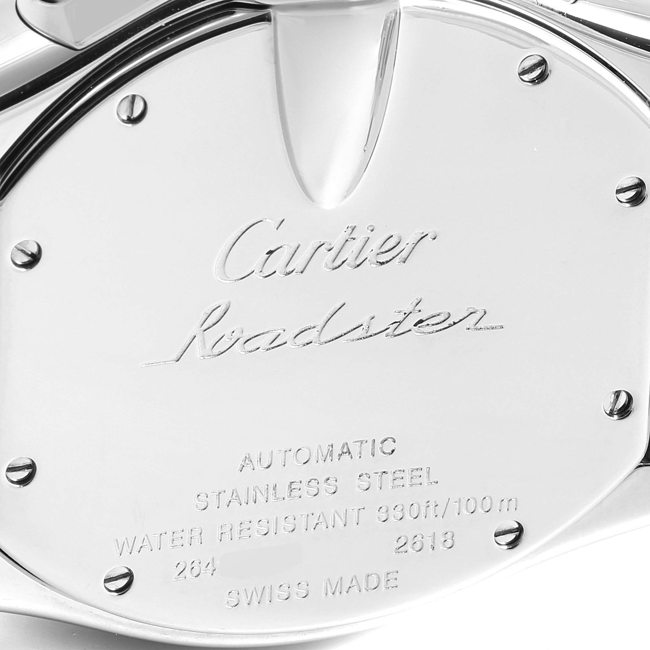 This is the back case of a Cartier Roadster W62020X6 Men's Stainless Steel Black Dial W62020X6 Men's Stainless Steel Black Dial watch, showing the engraved brand name and specifications.