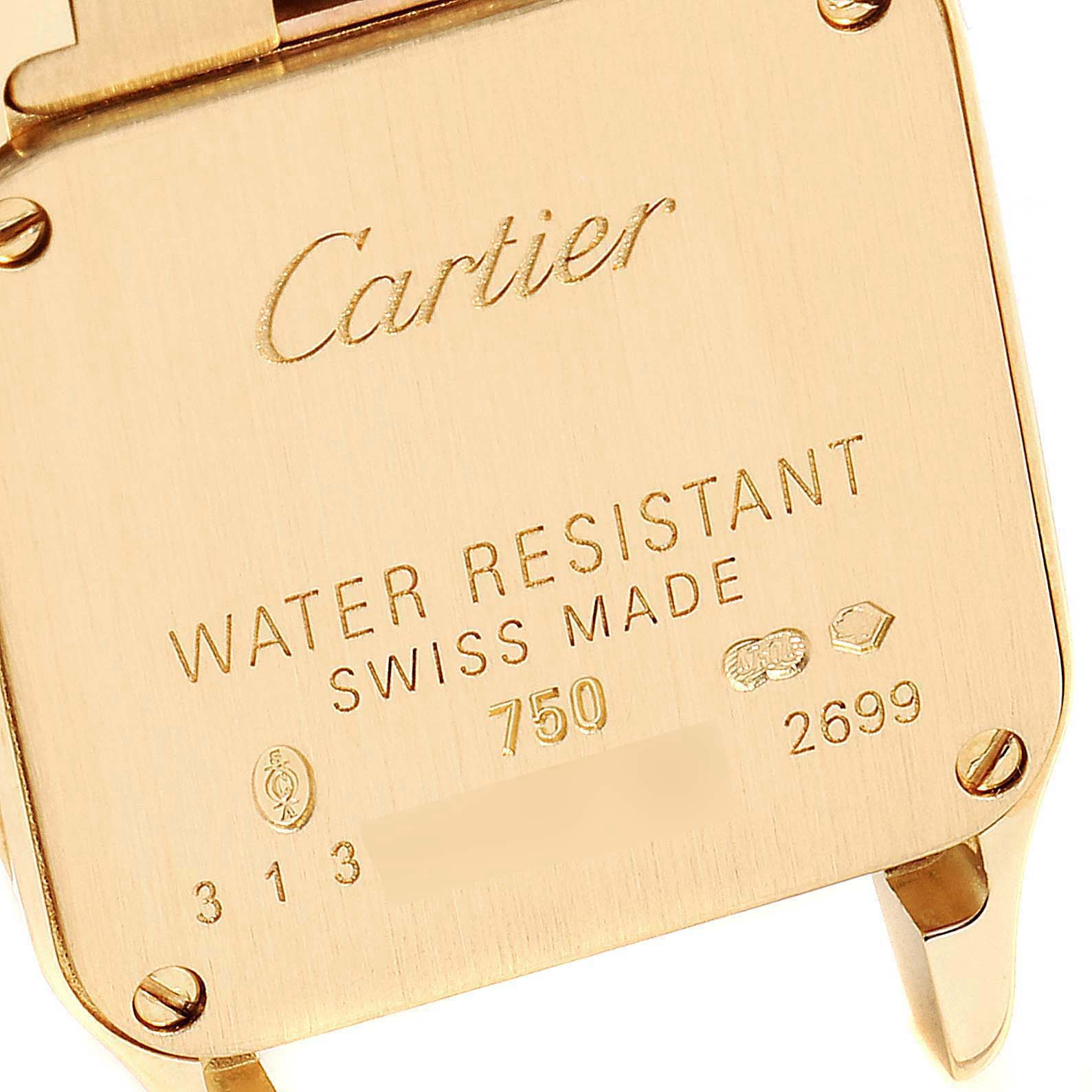 This image shows the backside of a Cartier Santos Demoiselle W25063X9 Women's Yellow Gold Silver Dial W25063X9 Women's Yellow Gold Silver Dial watch case, highlighting its engravings and screws.