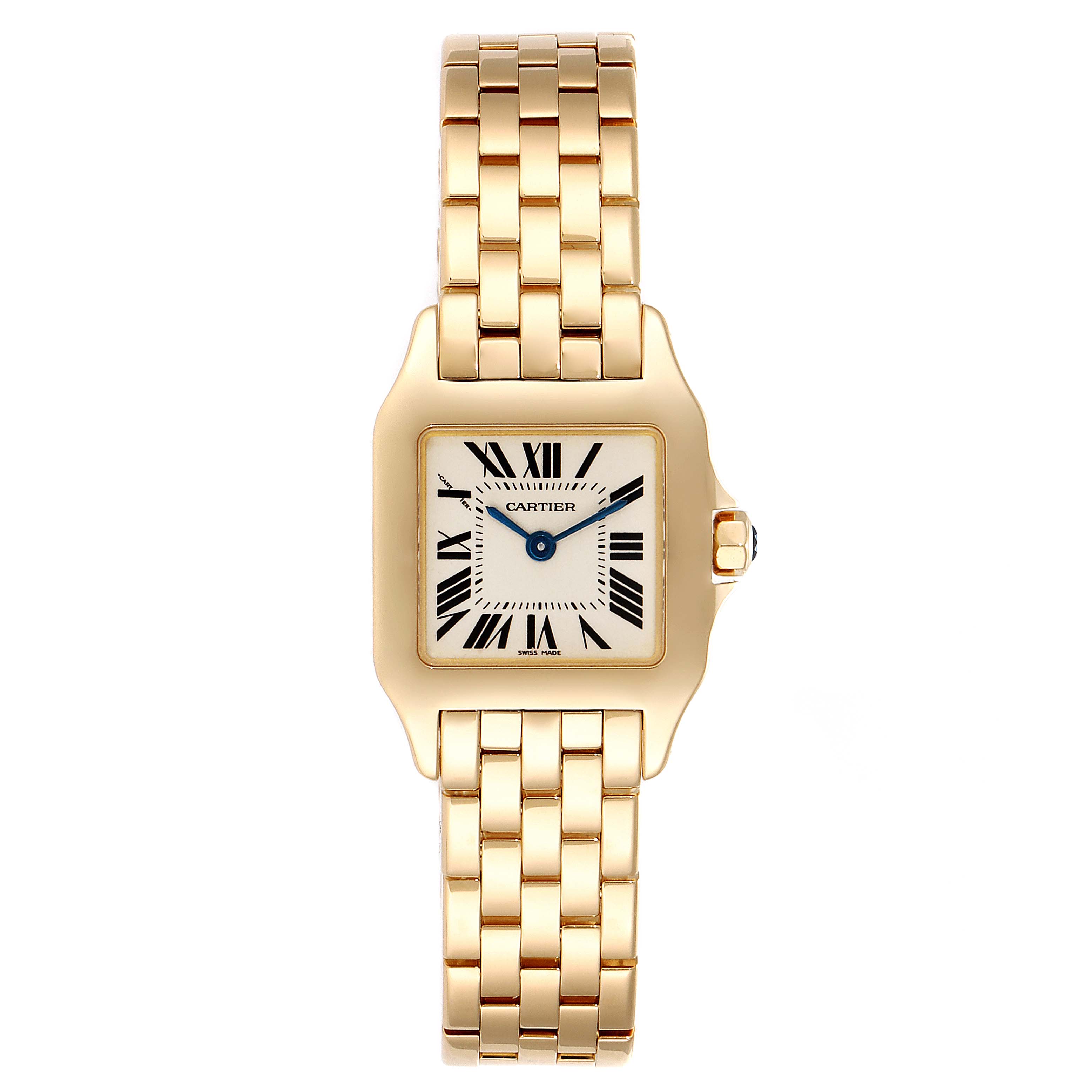 The image shows a front view of the Cartier Santos Demoiselle W25063X9 Women's Yellow Gold Silver Dial W25063X9 Women's Yellow Gold Silver Dial watch, displaying its gold case, Roman numeral dial, and linked bracelet.