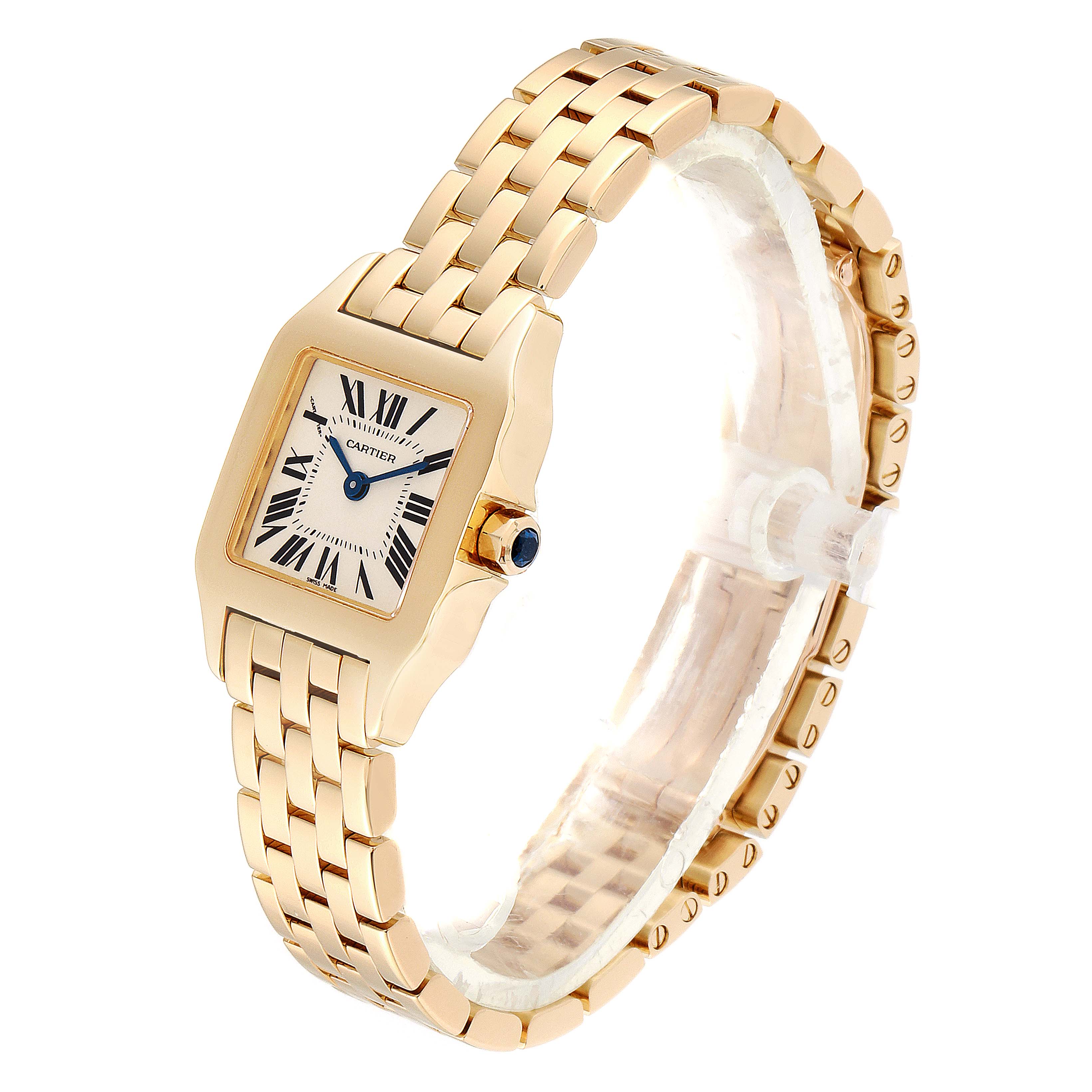 The image shows a Cartier Santos Demoiselle W25063X9 Women's Yellow Gold Silver Dial W25063X9 Women's Yellow Gold Silver Dial watch from a front-side angle, featuring its face, bezel, crown, and bracelet.