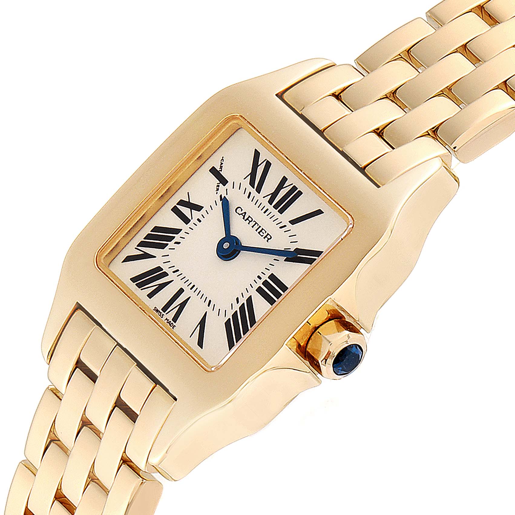 The image shows a close-up of a Cartier Santos Demoiselle W25063X9 Women's Yellow Gold Silver Dial W25063X9 Women's Yellow Gold Silver Dial watch, focusing on the face, bezel, and part of the bracelet.