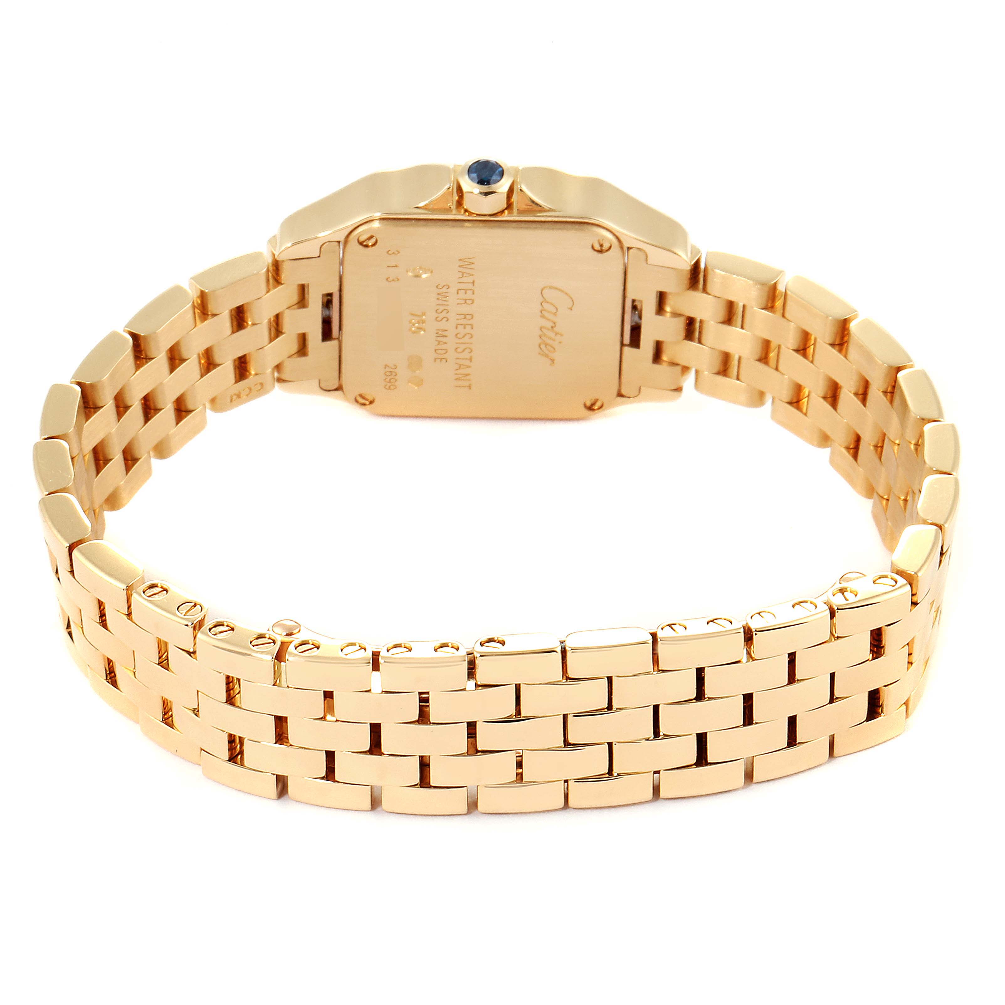 The image shows the back view of the Cartier Santos Demoiselle W25063X9 Women's Yellow Gold Silver Dial W25063X9 Women's Yellow Gold Silver Dial watch, highlighting its case back and gold bracelet.