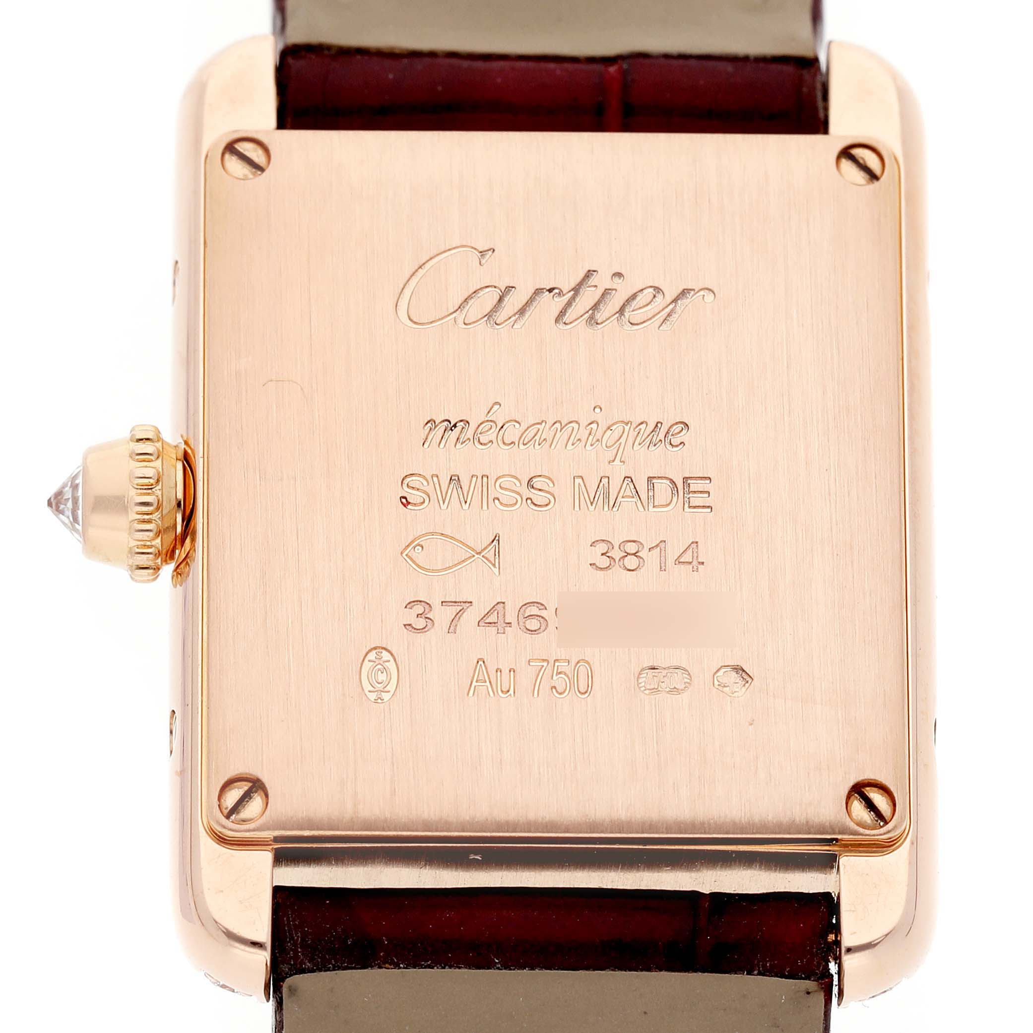 The image shows the back of a Cartier Tank Louis WJTA0010 Women's Rose Gold Silver Dial watch, highlighting the engraving details and crown.