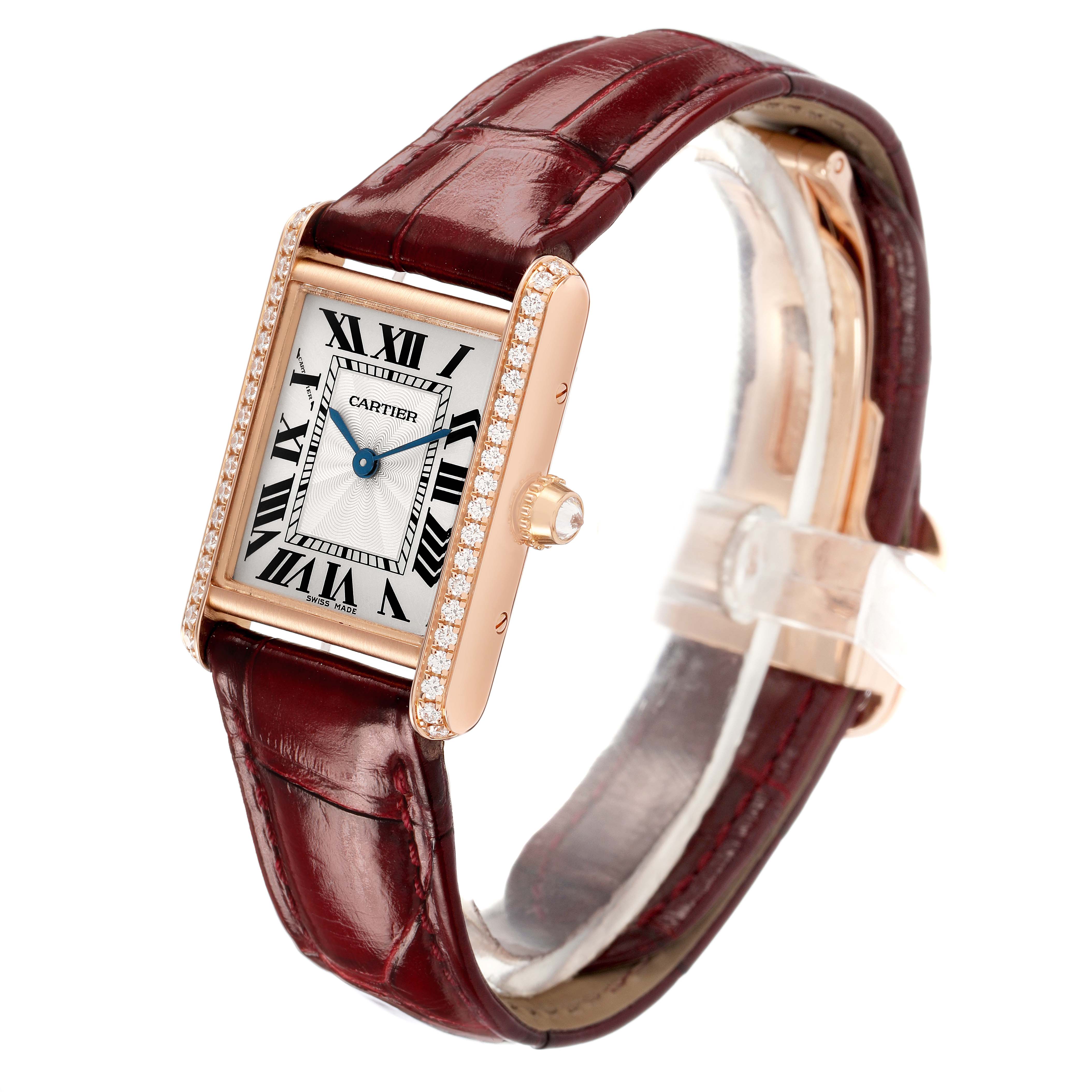 The Cartier Tank Louis WJTA0010 Women's Rose Gold Silver Dial watch is shown at a three-quarter angle, displaying the face, strap, and side view of the case.