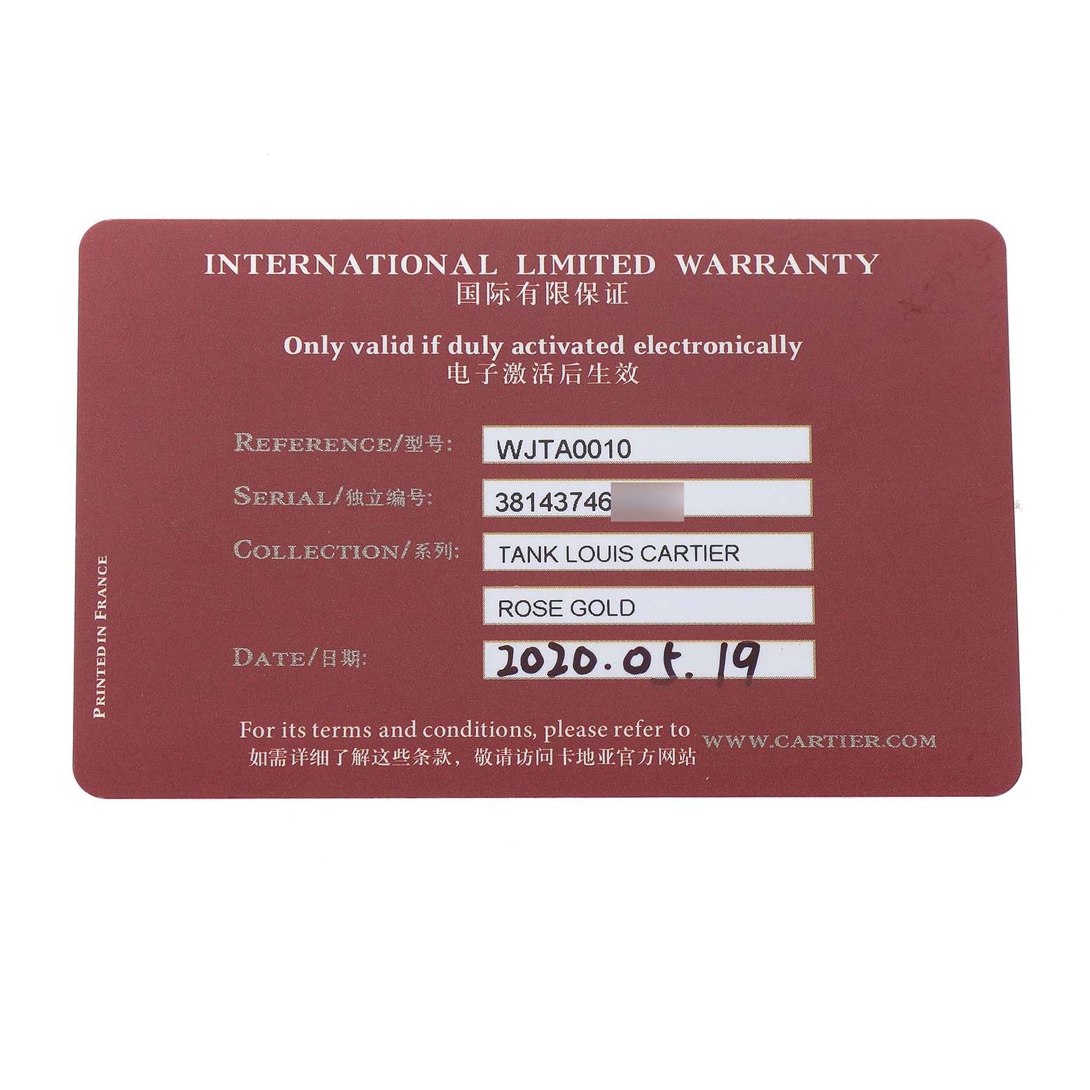 The image shows an International Limited Warranty card for a Cartier Tank Louis WJTA0010 Women's Rose Gold Silver Dial watch, viewed from the top.