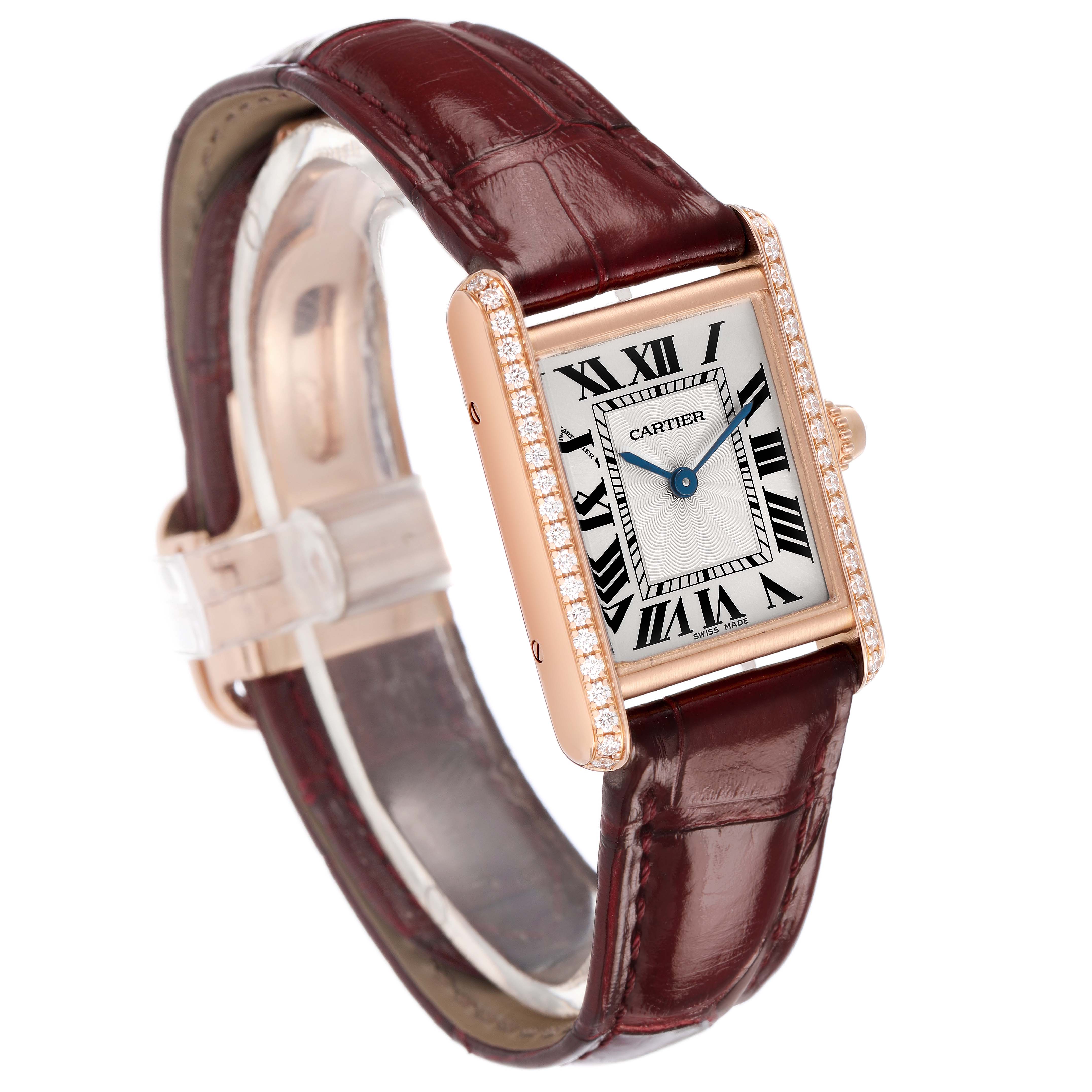 The Cartier Tank Louis WJTA0010 Women's Rose Gold Silver Dial watch is shown at an angle highlighting the face, bezel, and brown leather strap.
