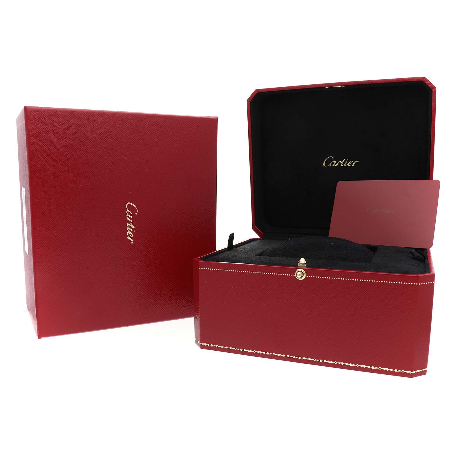 The image shows the open red box and packaging for the Cartier Tank Louis WJTA0010 Women's Rose Gold Silver Dial watch, emphasizing its luxurious presentation.