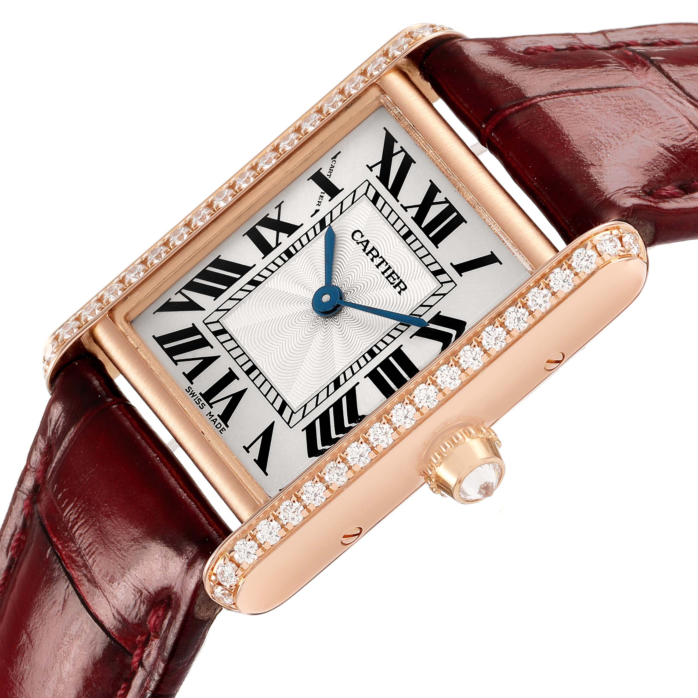 The Cartier Tank Louis WJTA0010 Women's Rose Gold Silver Dial watch is shown at an angled side view displaying the face, strap, and diamond-studded bezel.