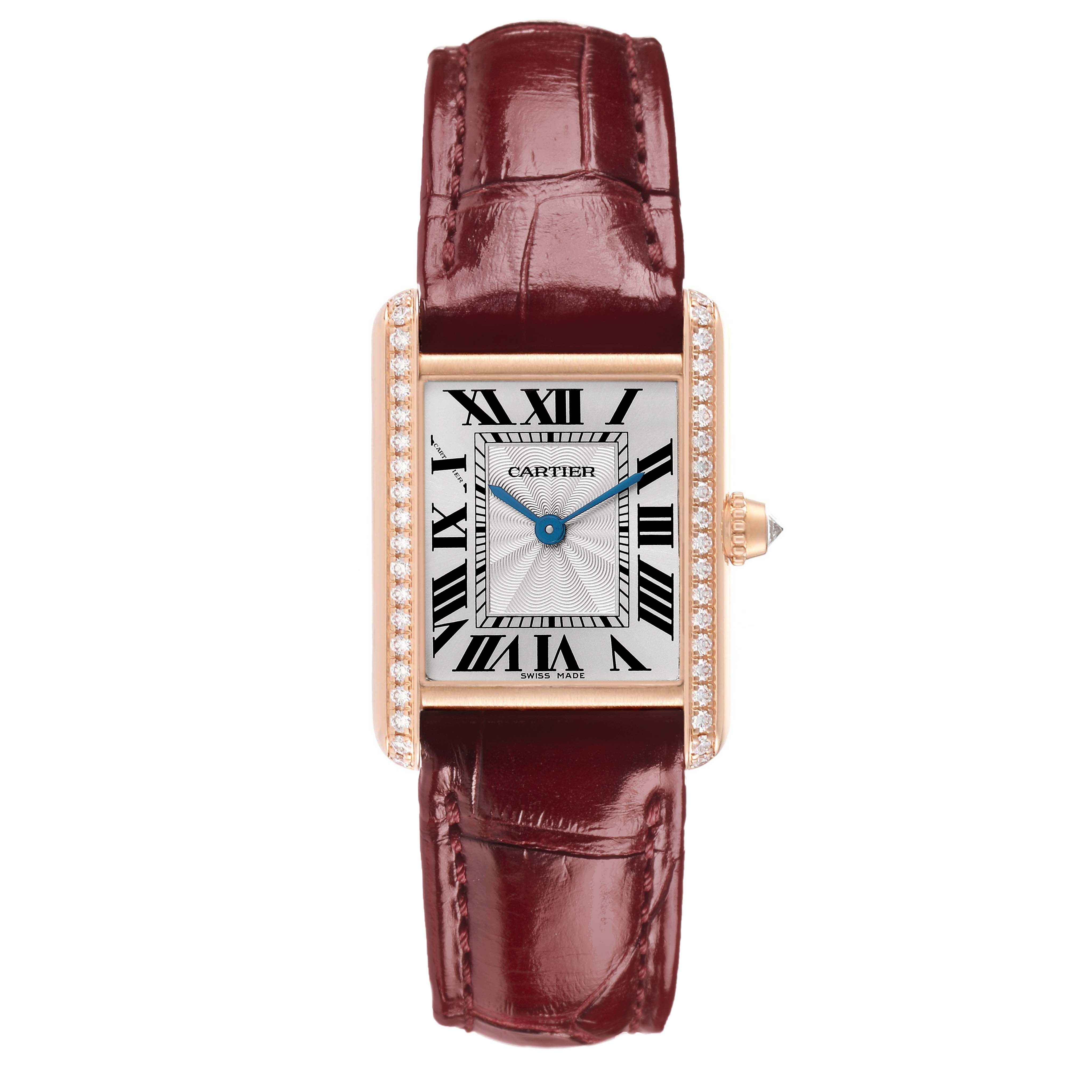 The image shows a Cartier Tank Louis WJTA0010 Women's Rose Gold Silver Dial watch from the front, highlighting its rectangular dial, diamond-set bezel, and leather strap.