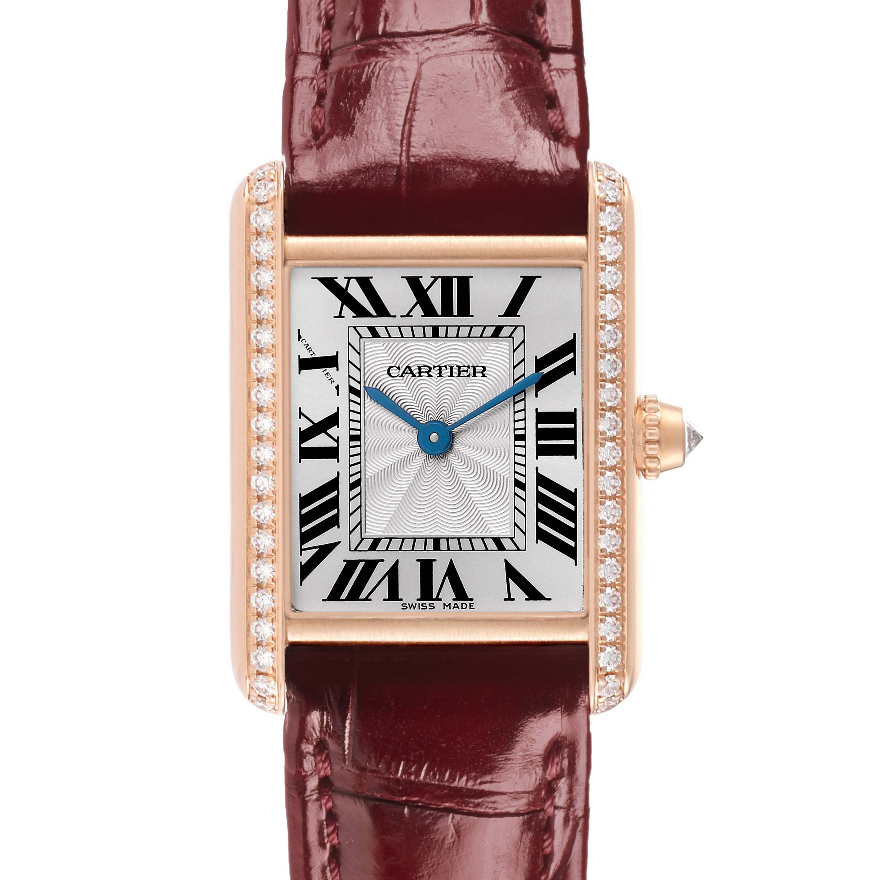 The image shows a Cartier Tank Louis WJTA0010 Women's Rose Gold Silver Dial watch from the front, highlighting its rectangular face, Roman numerals, and brown strap.