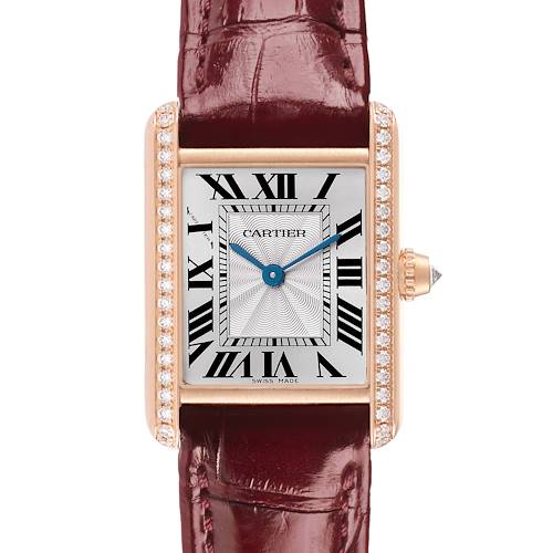 The Cartier Tank Louis WJTA0010 Women's Rose Gold Silver Dial watch is shown from the front, highlighting its rectangular face, Roman numerals, and diamond-set bezel.