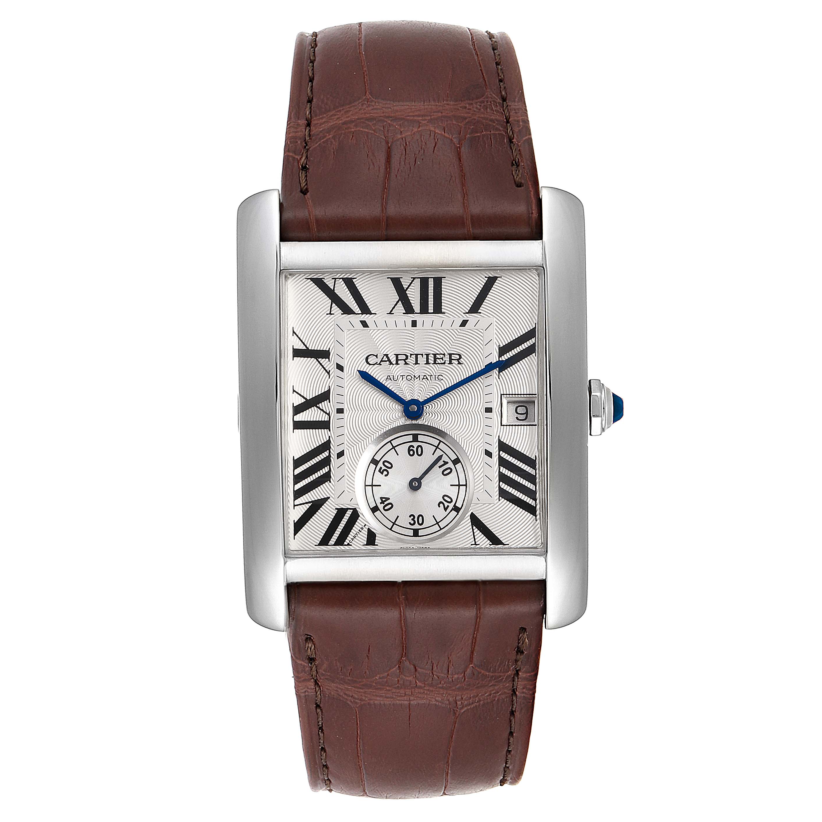 This is a front view of a Cartier Tank MC W5330003 Men's Stainless Steel Silver Dial W5330003 Men's Stainless Steel Silver Dial watch, showing the face, Roman numerals, sub-dial, and brown leather strap.