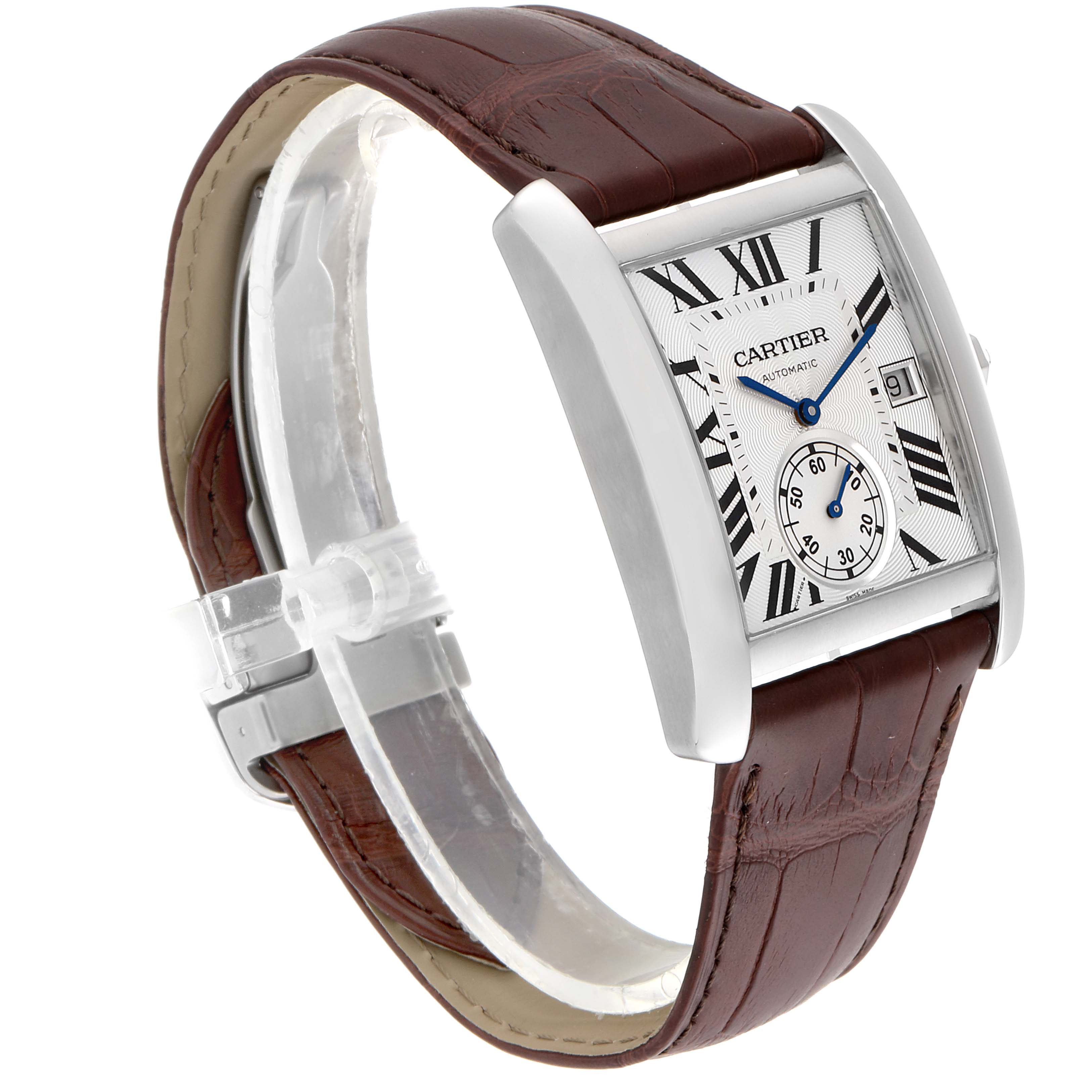 The image shows a Cartier Tank MC W5330003 Men's Stainless Steel Silver Dial W5330003 Men's Stainless Steel Silver Dial watch from a three-quarter side angle, highlighting the dial, case, and brown leather strap.