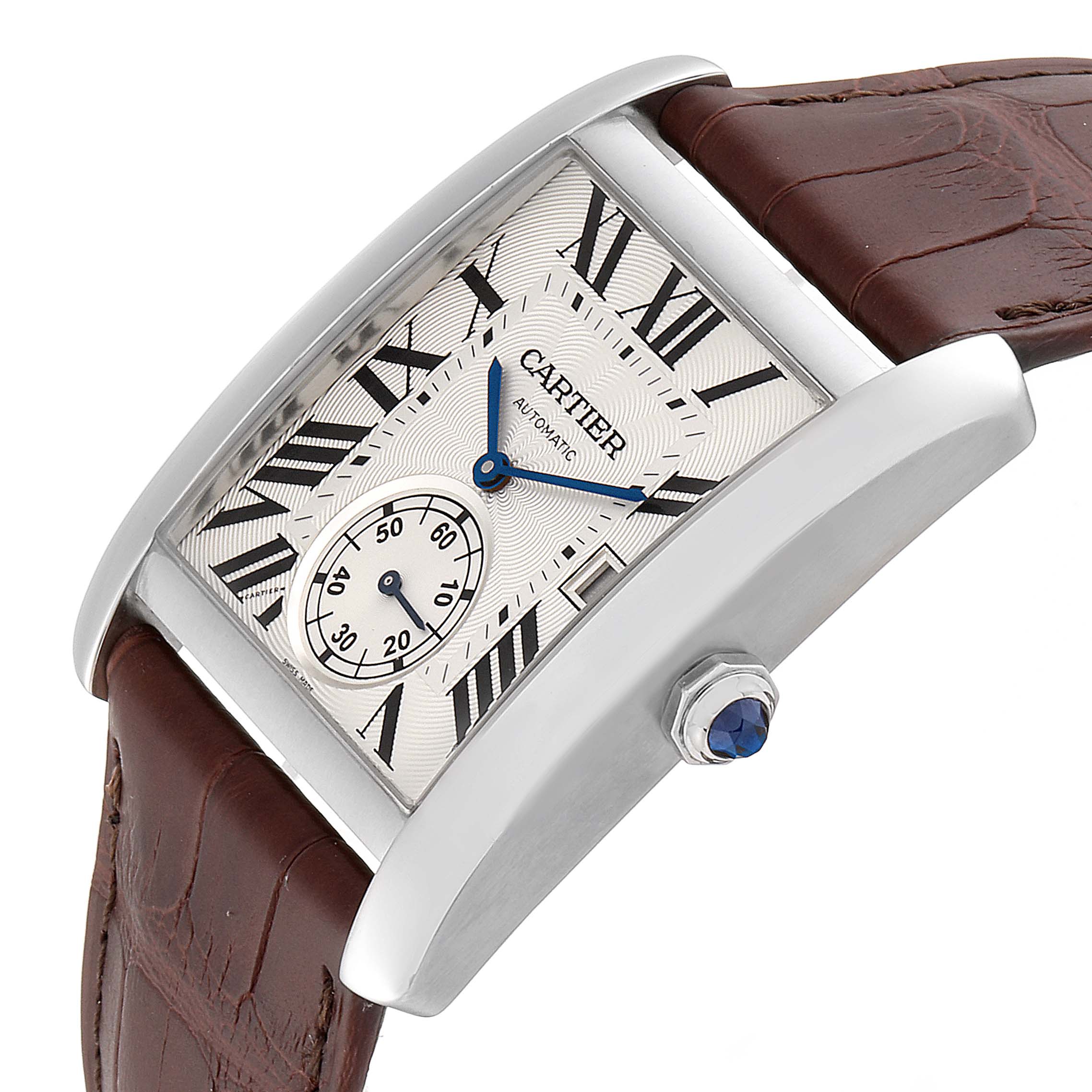 The image shows a Cartier Tank MC W5330003 Men's Stainless Steel Silver Dial W5330003 Men's Stainless Steel Silver Dial watch at an angled close-up view, highlighting its face, crown, and strap.